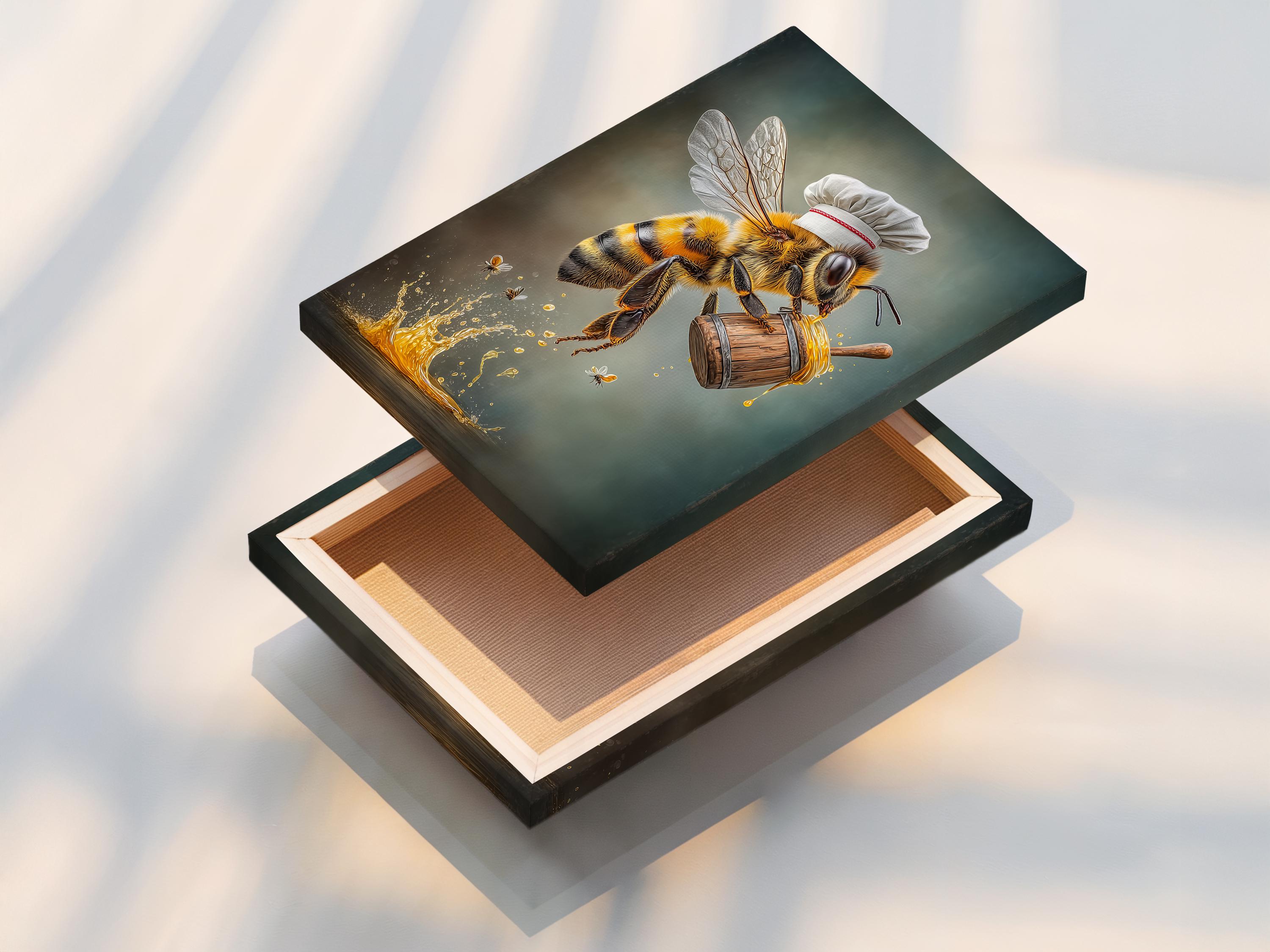 A painterly bee chef stands above a golden honey splash, holding a wooden barrel-like container and wearing a white hat, on a teal-grey background