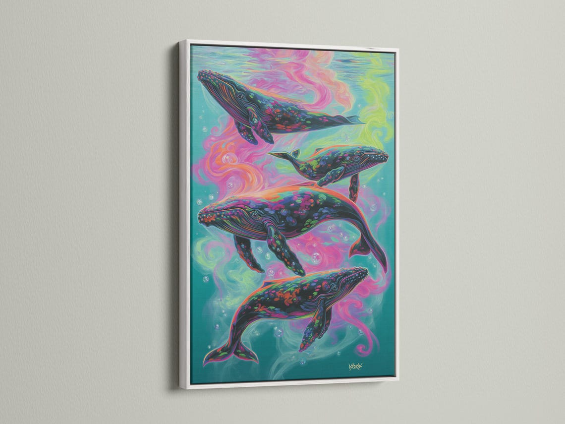 Three stylised whales swimming in a psychedelic teal, pink and yellow underwater scene detail view