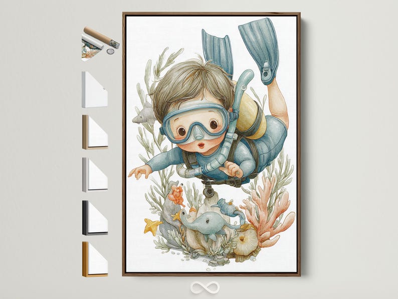 Illustrated child diver underwater scene with seaweed, fish and starfish