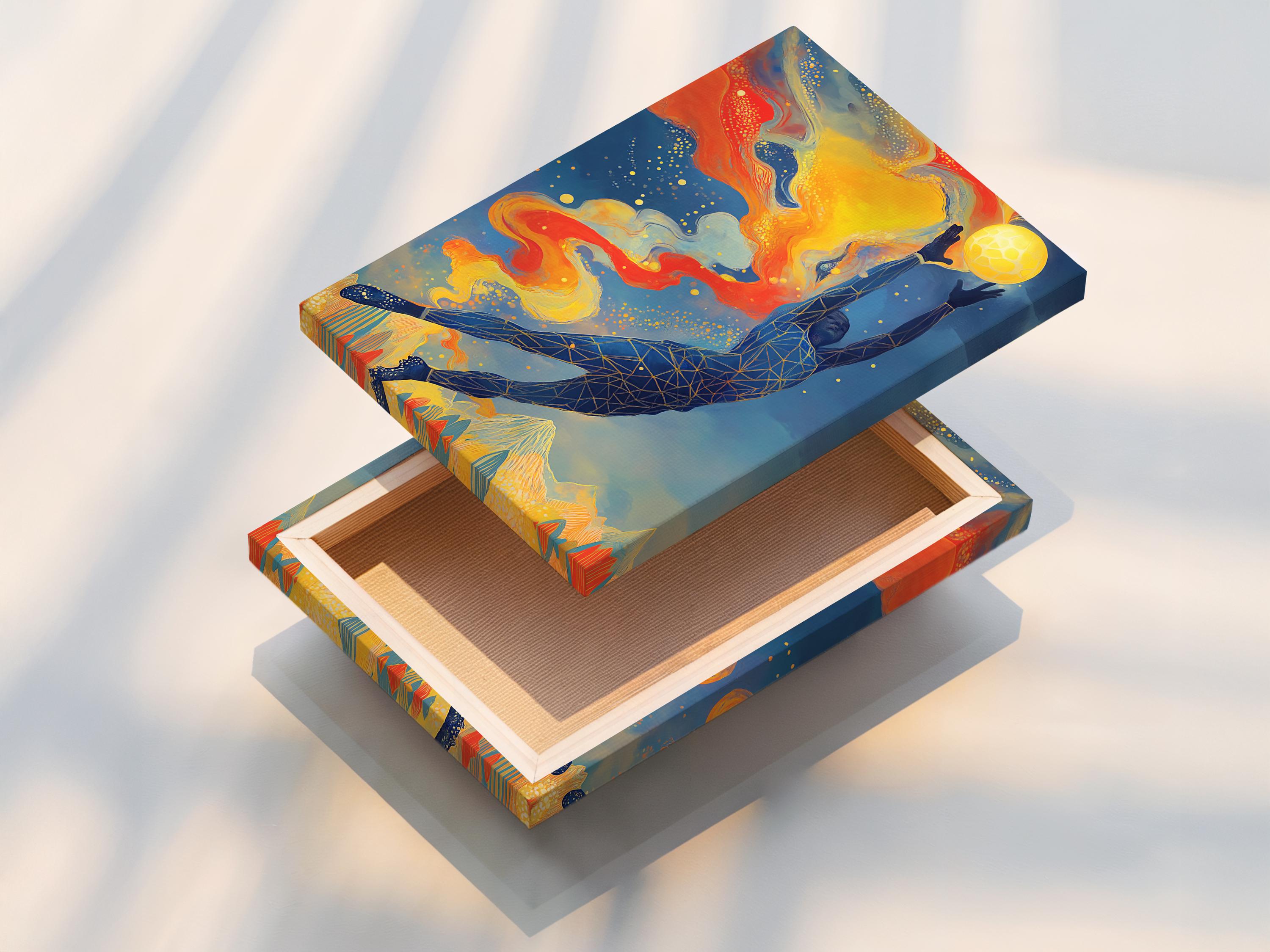 Abstract sports figure reaching upward beside a glowing yellow sun, in blue, orange and gold with speckled dots detail view
