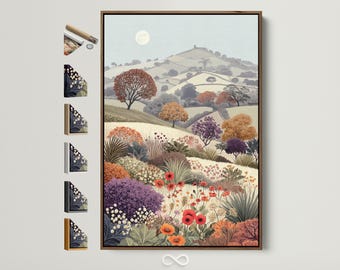 Rolling Hills Landscape Canvas Art - Floral Meadow Wall Decor, Warm Tone Countryside Artwork, Cottagecore Print for Living Room, New Home