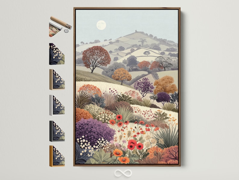 Portrait countryside landscape with rolling hills, a pale sun, and a dense meadow of colourful flowers