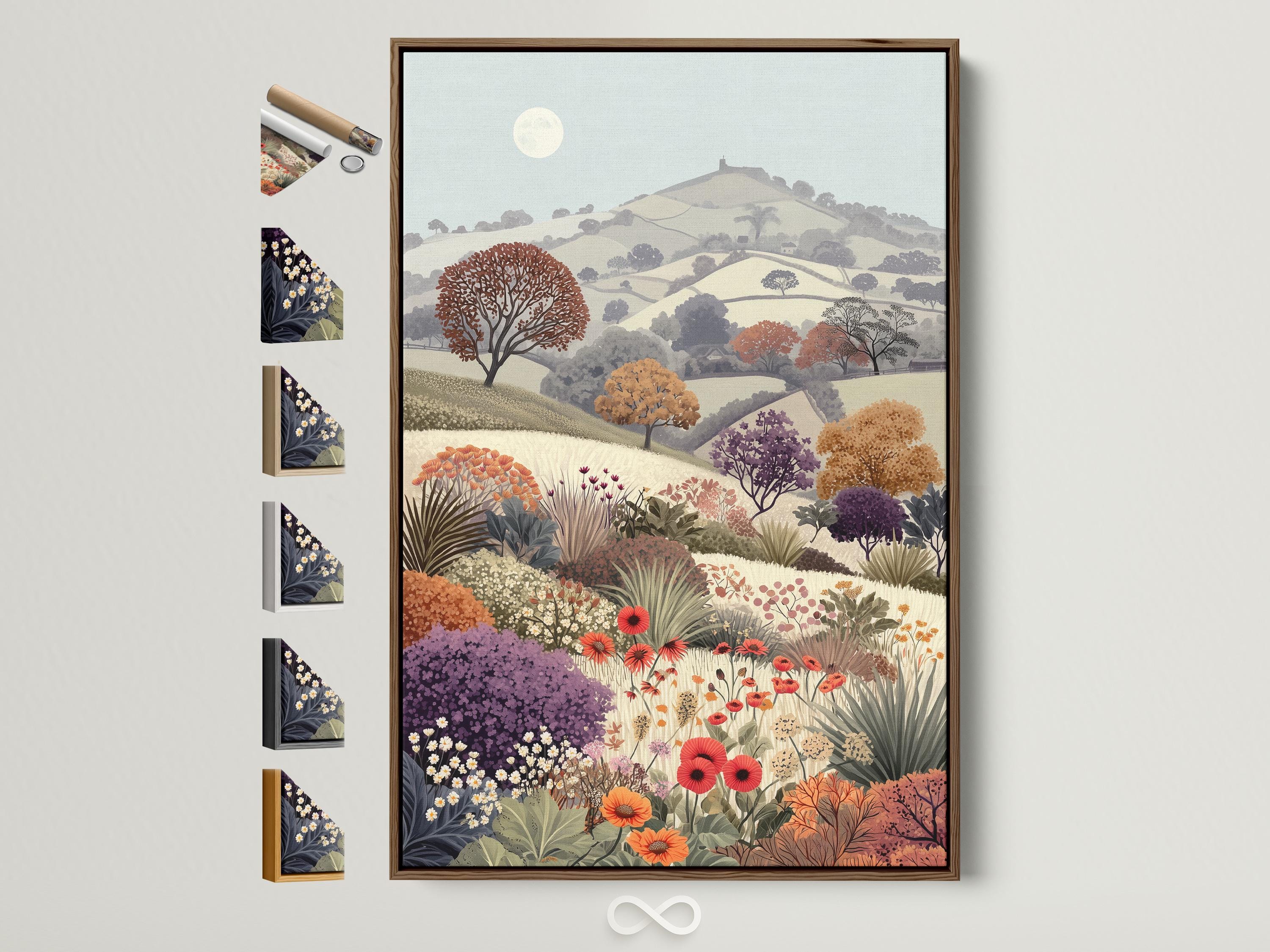 Portrait countryside landscape with rolling hills, a pale sun, and a dense meadow of colourful flowers