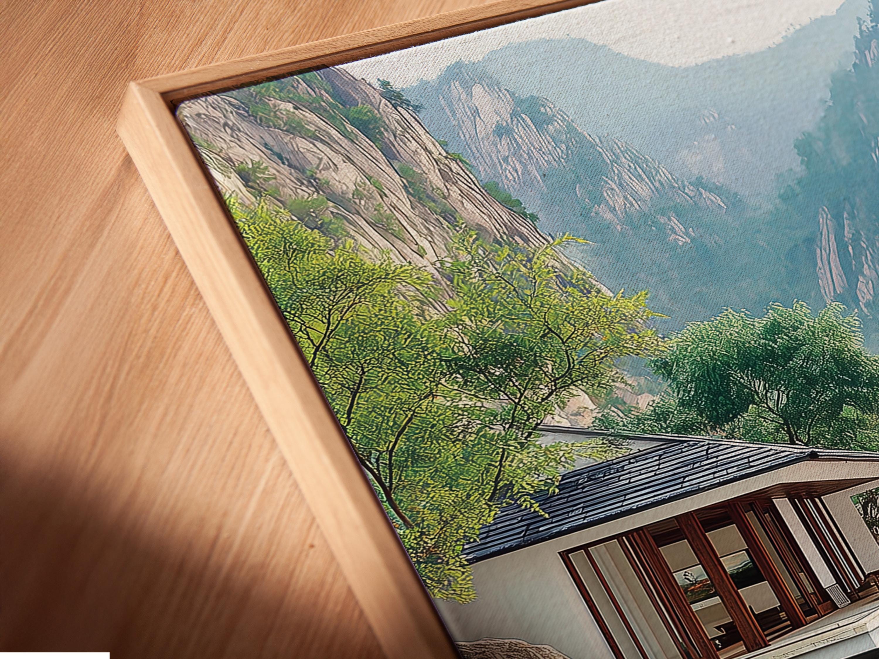 River landscape garden scene with raked sand path, pavilion, rocks, trees and misty mountains detail view