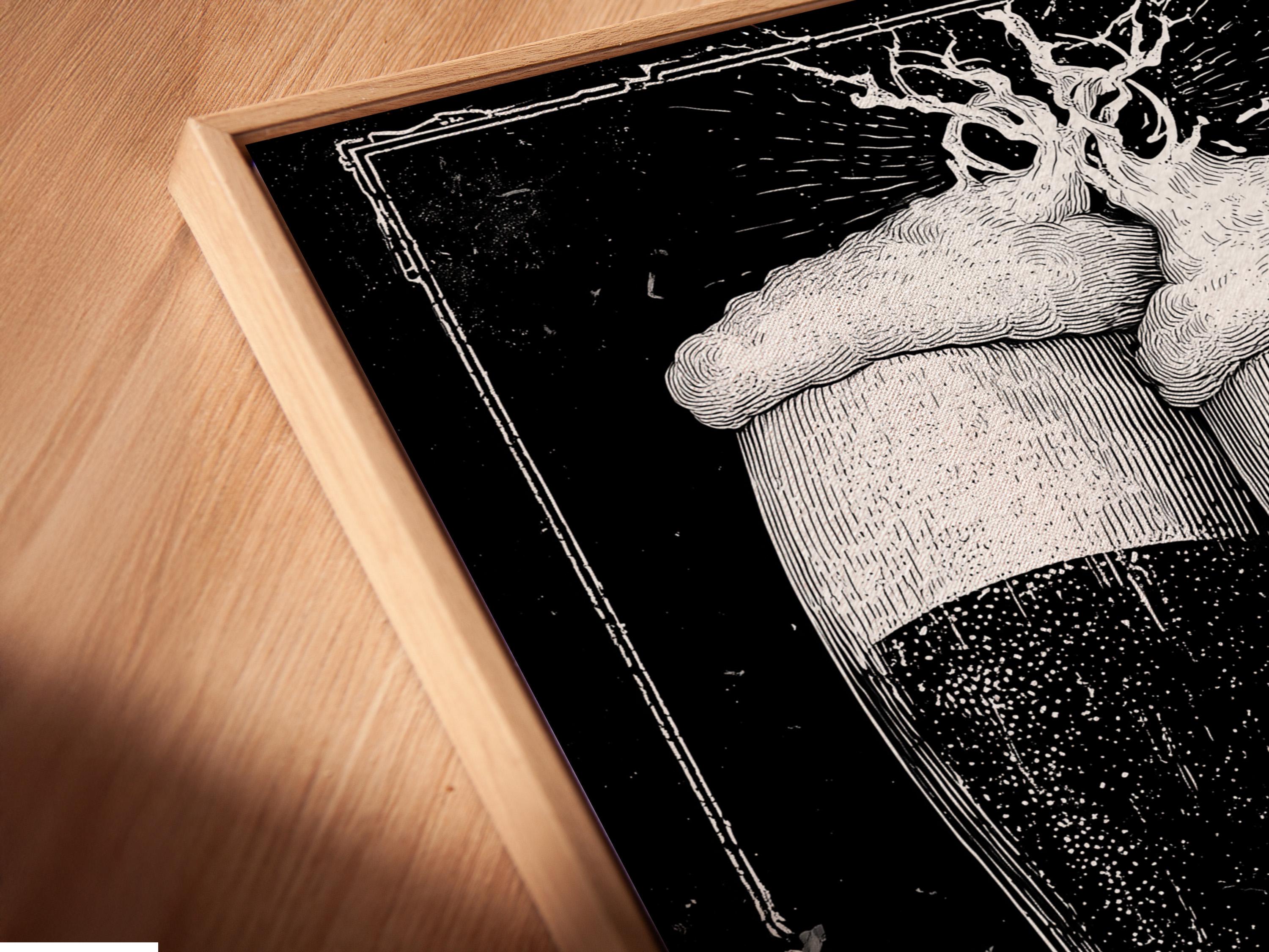 Monochrome illustration of two clinking beer glasses with foamy heads on a dark speckled background detail view