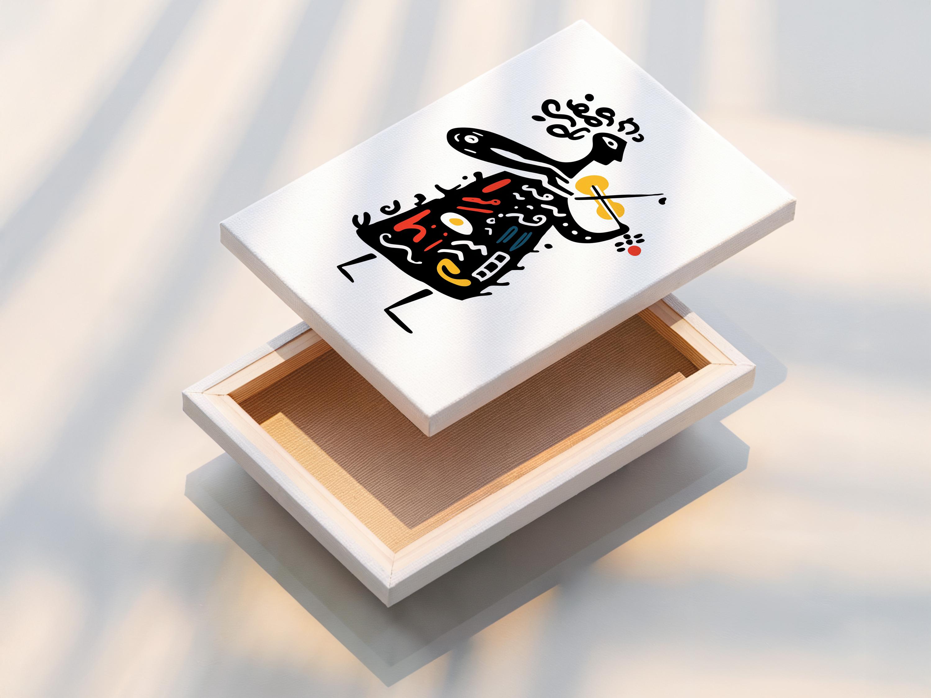 Room mockup showing a framed abstract musician illustration with trumpet, red and yellow accents on a white background