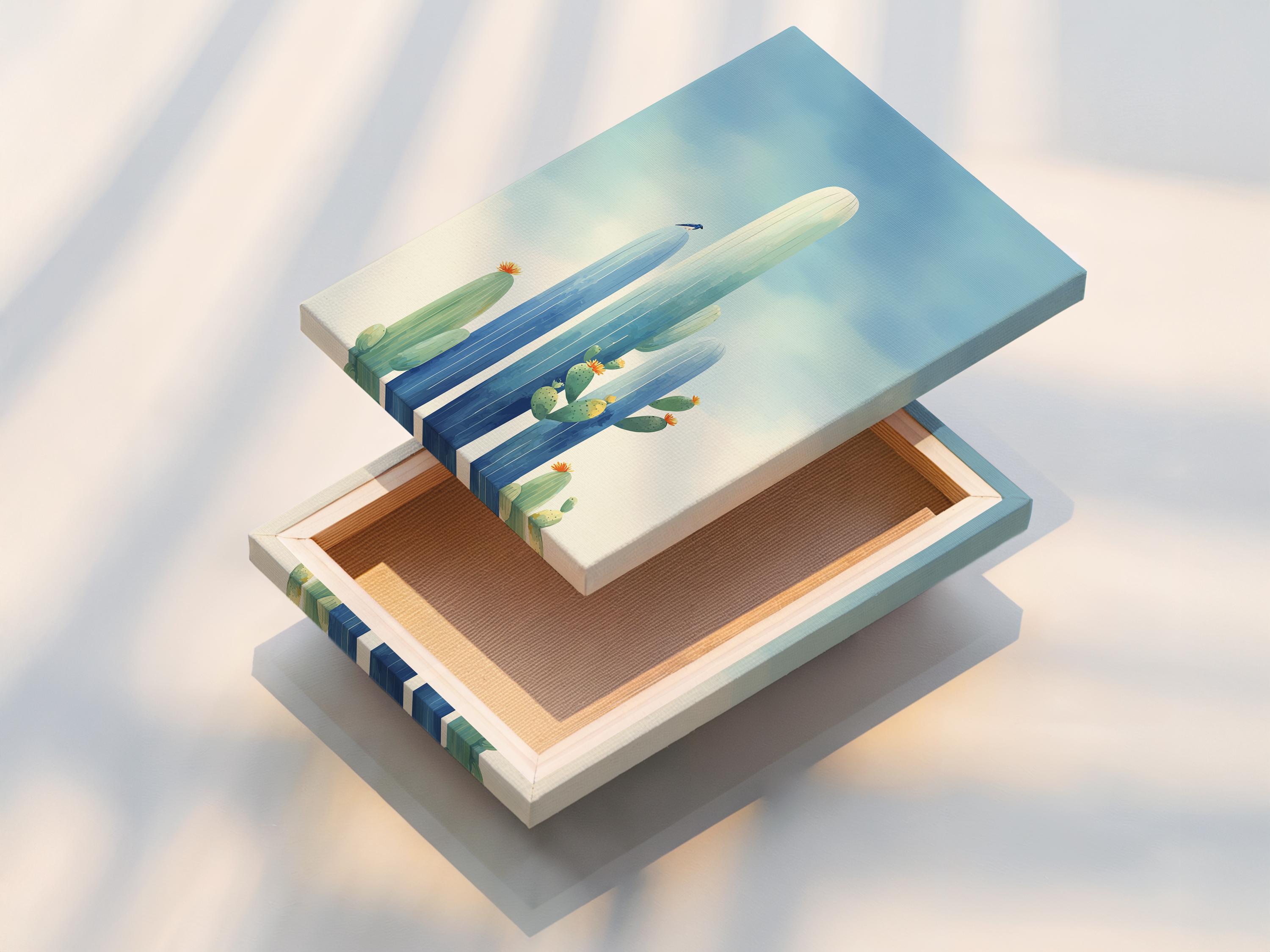 Framed cactus desert artwork with tall blue-green cacti and small orange blossoms against a pale blue sky detail view