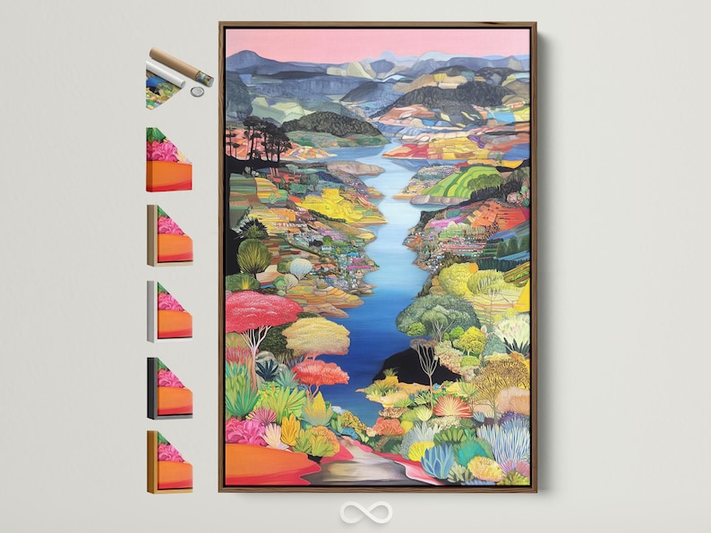 Colourful painterly river landscape with layered hills, bright plants and a pink sky