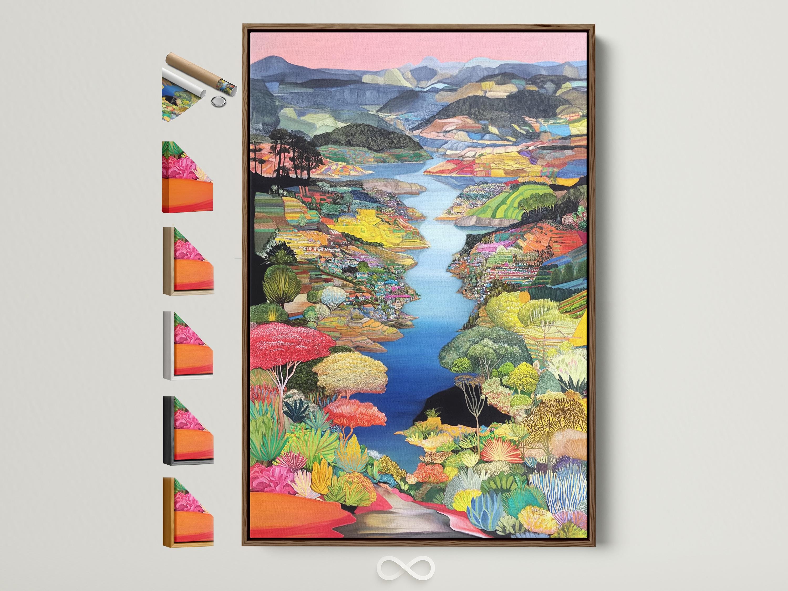 Colourful painterly river landscape with layered hills, bright plants and a pink sky