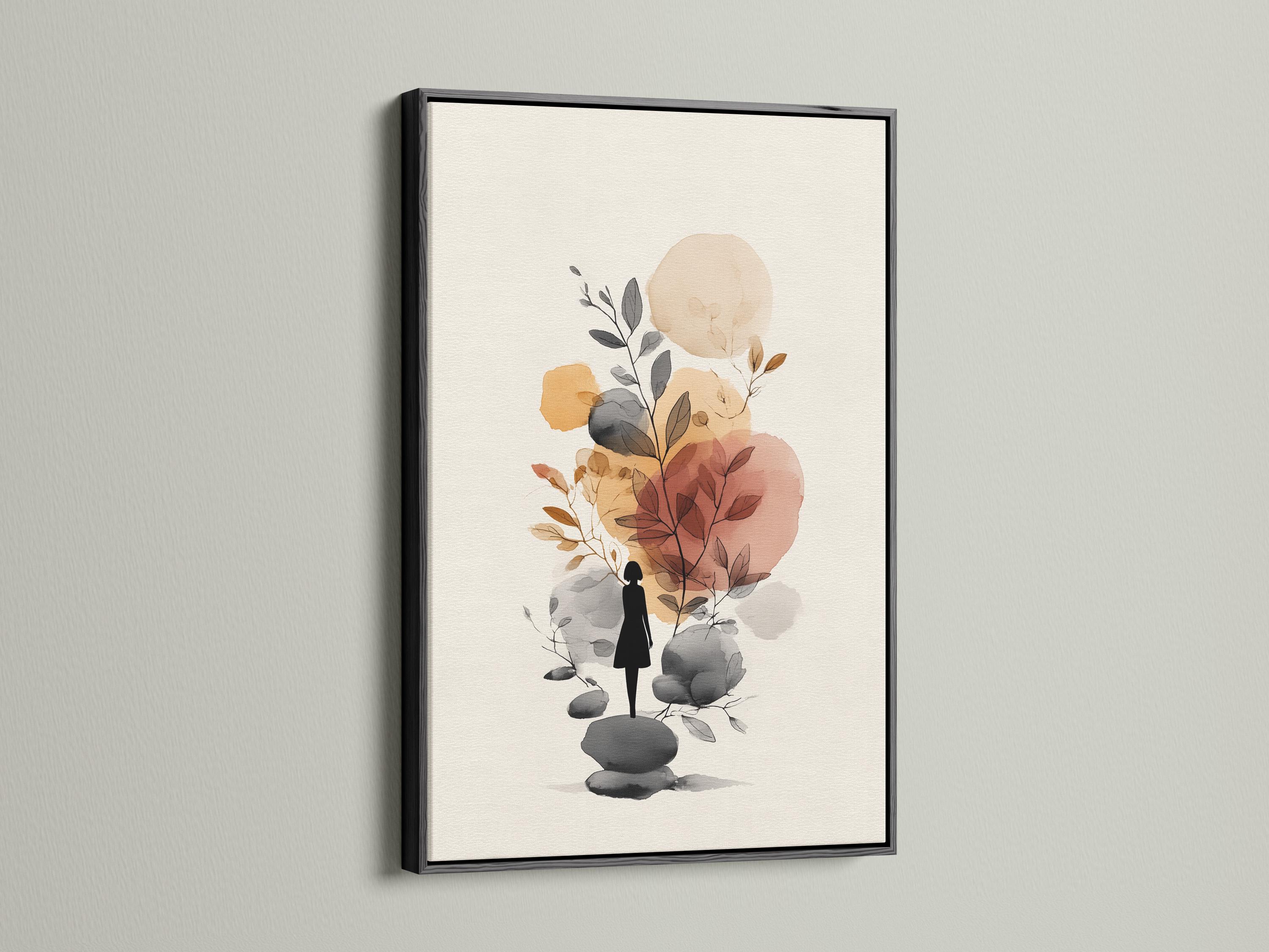 Minimalist botanical illustration with a woman silhouette, leaves, and rounded stones in neutral tones detail view