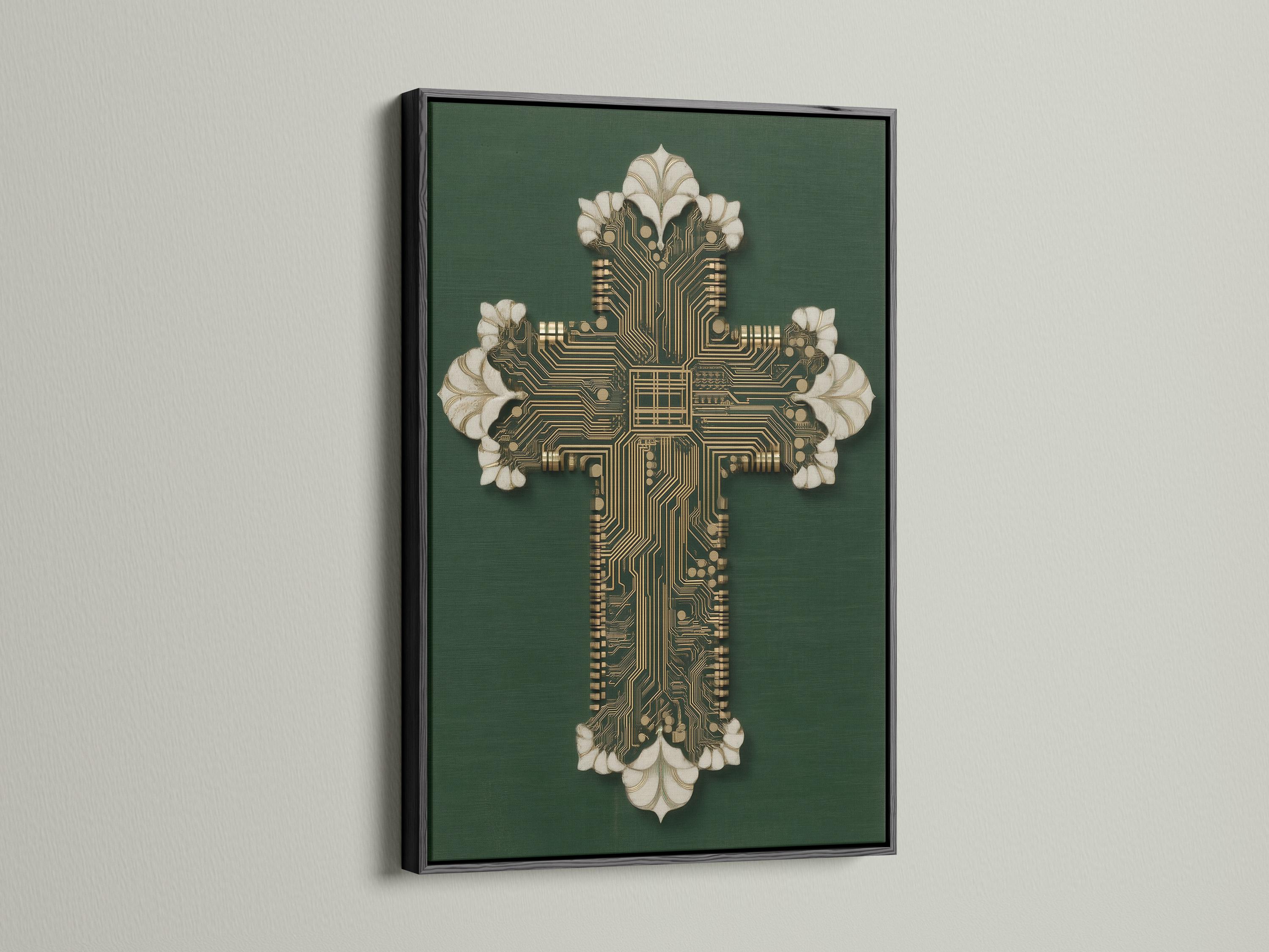 Gold circuit-board cross motif on a deep green background with white petal-like accents detail view