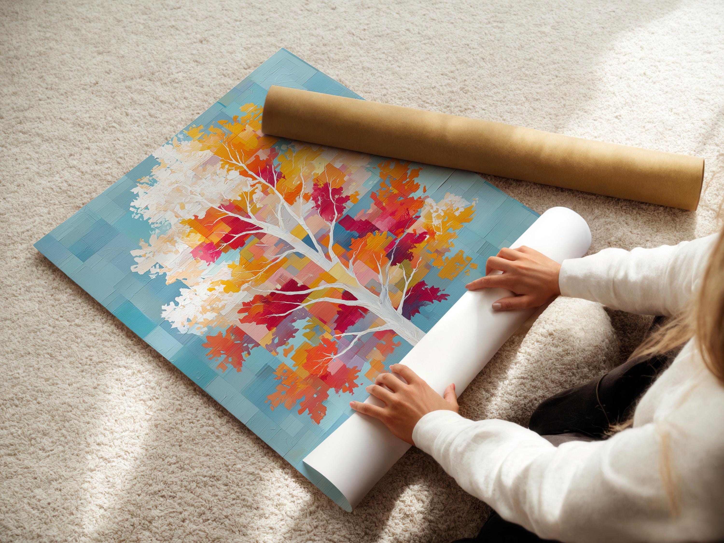 Stylised tree with white trunk, colourful autumn leaf blocks, and cool blue pixel background detail view