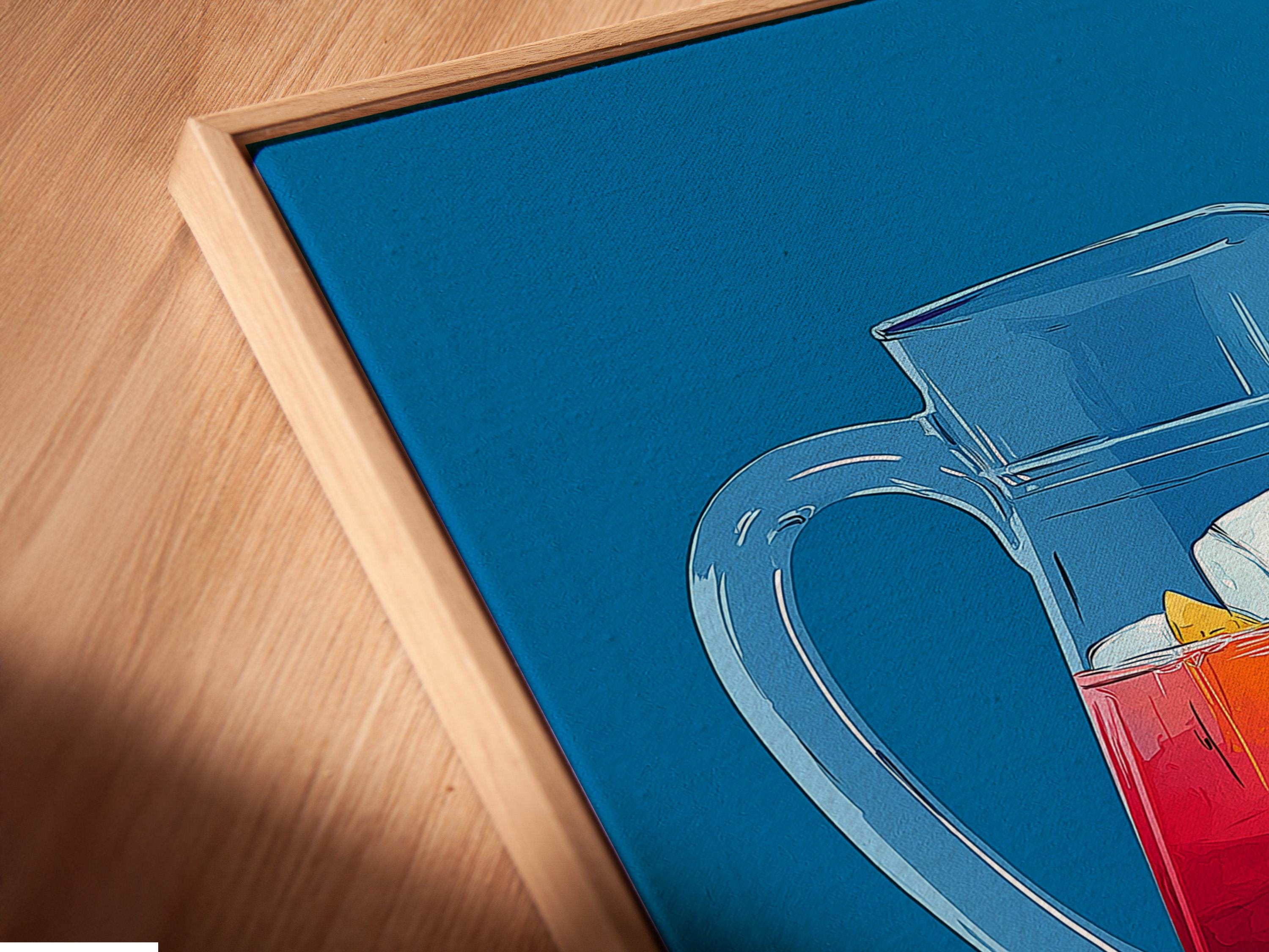 Illustrated still life of a glass pitcher with red drink, ice cubes, and orange citrus slices detail view