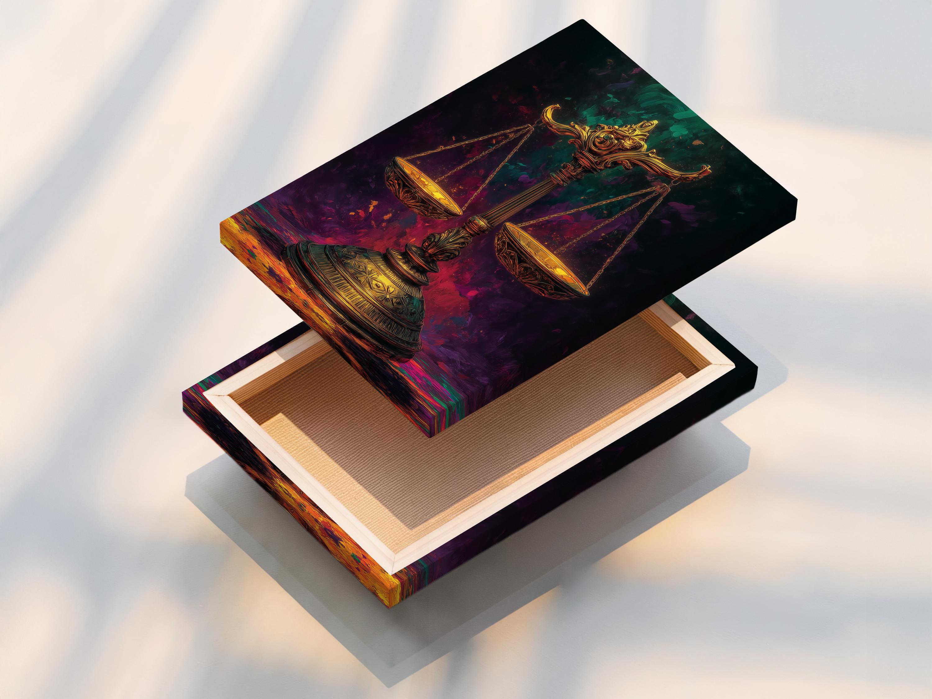 Framed artwork mockup showing ornate gold scales of justice against a smoky purple and green background