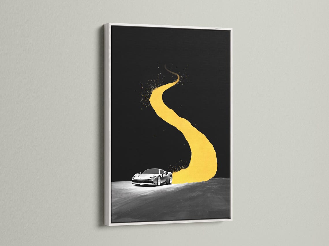 Stylised sports car on a dark road with a looping yellow track shape detail view