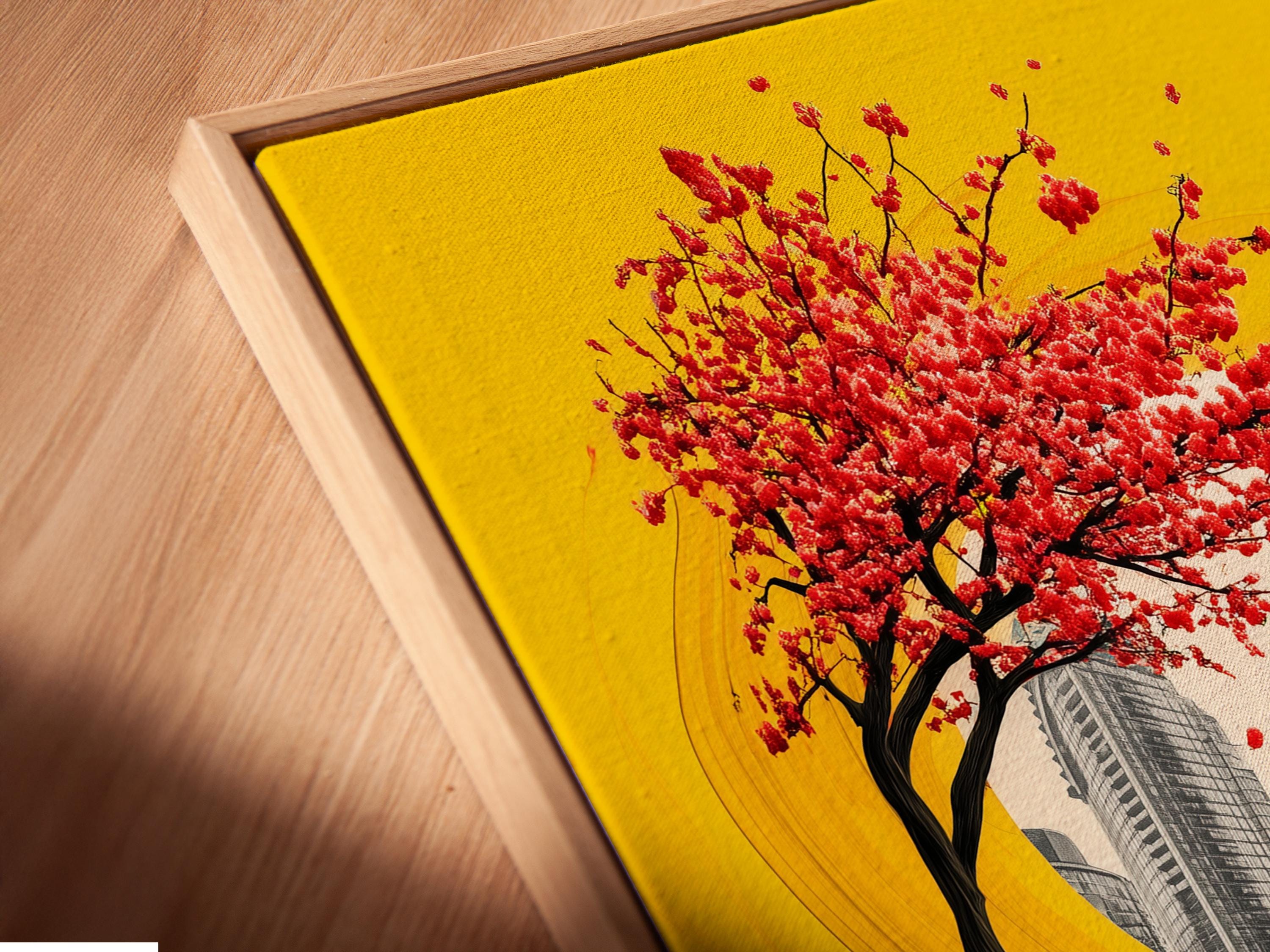 Yellow abstract cityscape with red blossom branches and a reflective road in the centre detail view
