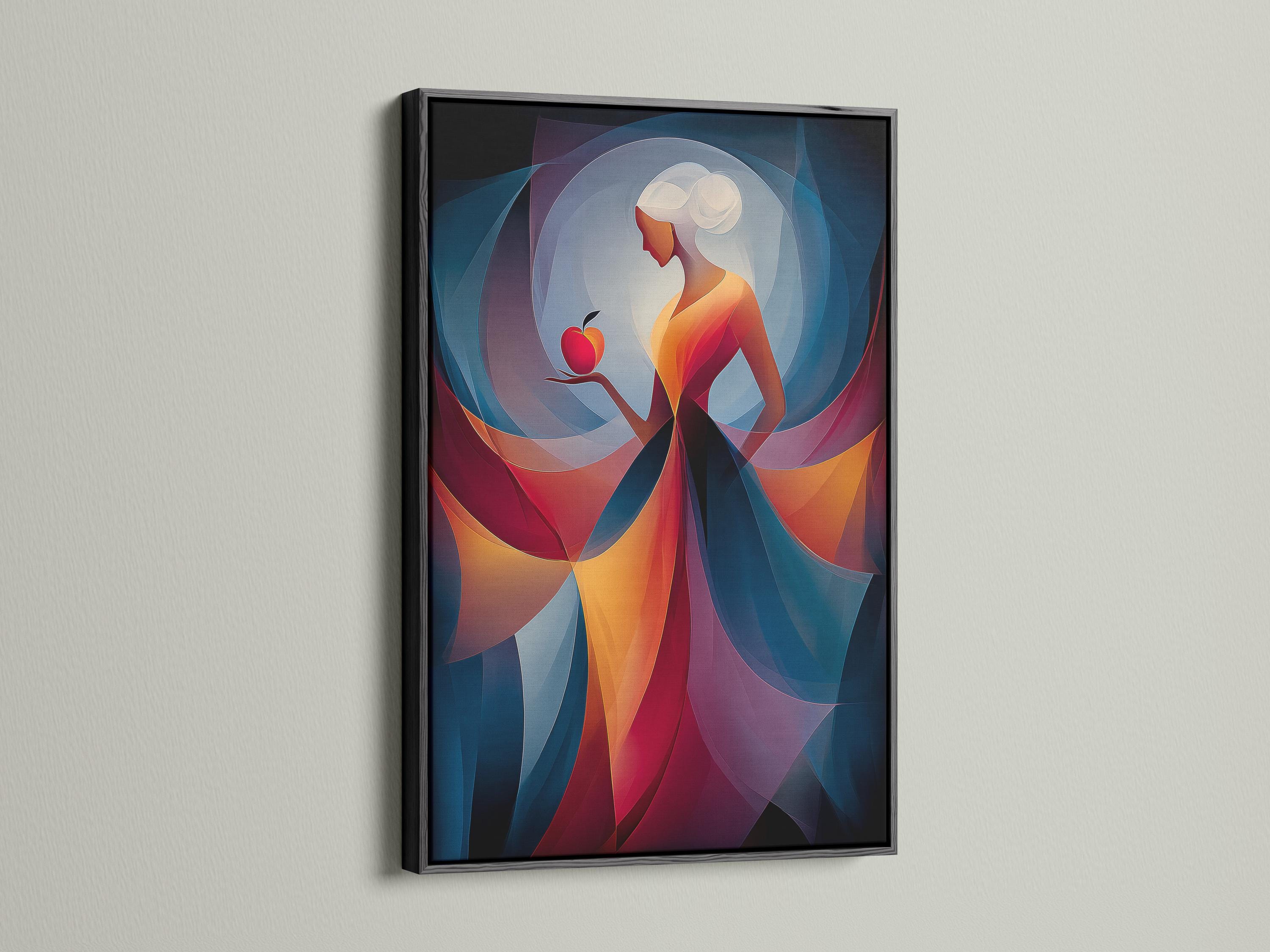 Abstract woman holding a red apple with layered blue, teal and purple curved shapes detail view