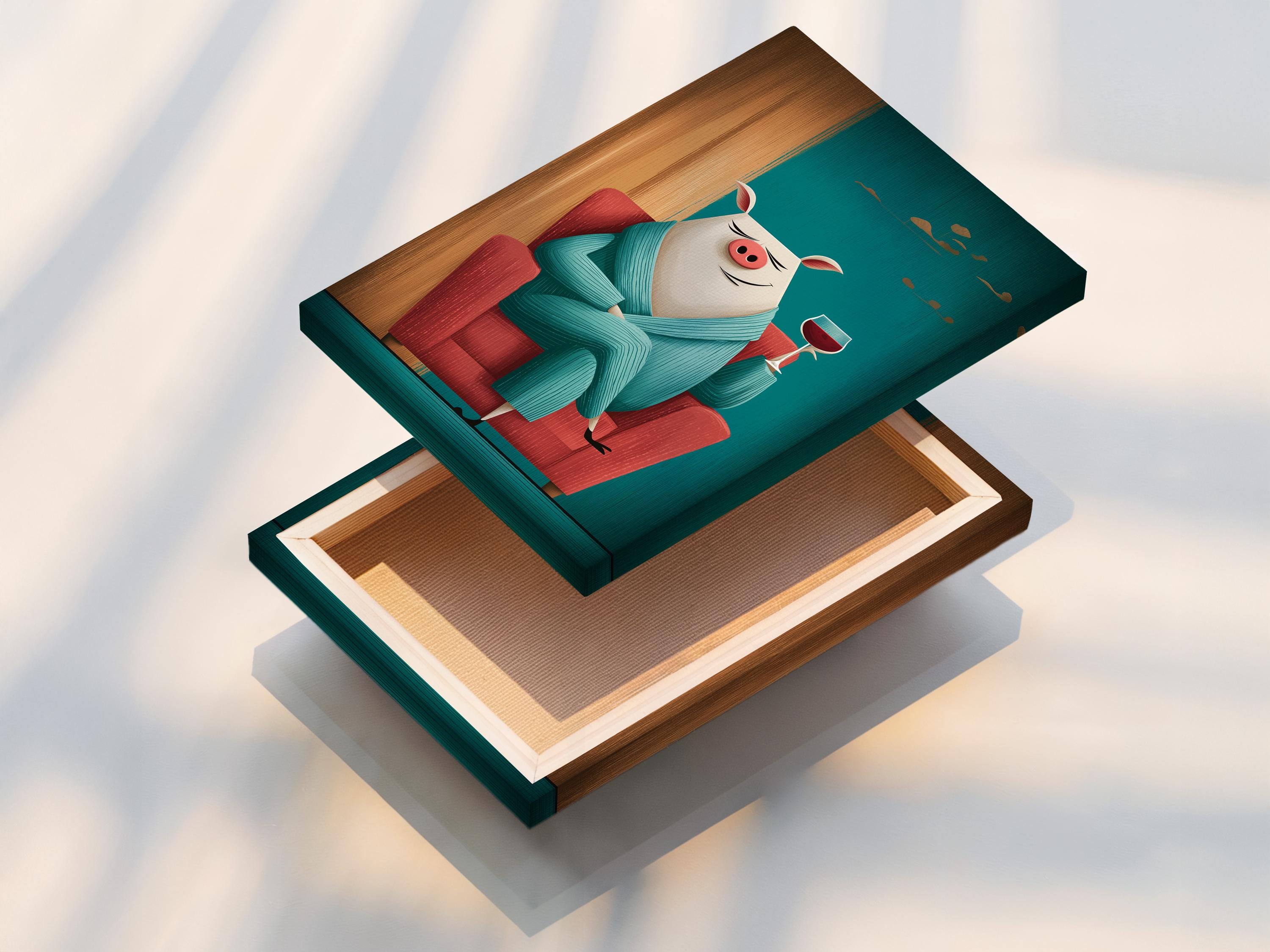 Illustration of a smiling pig in a teal jumper holding a wine glass detail view