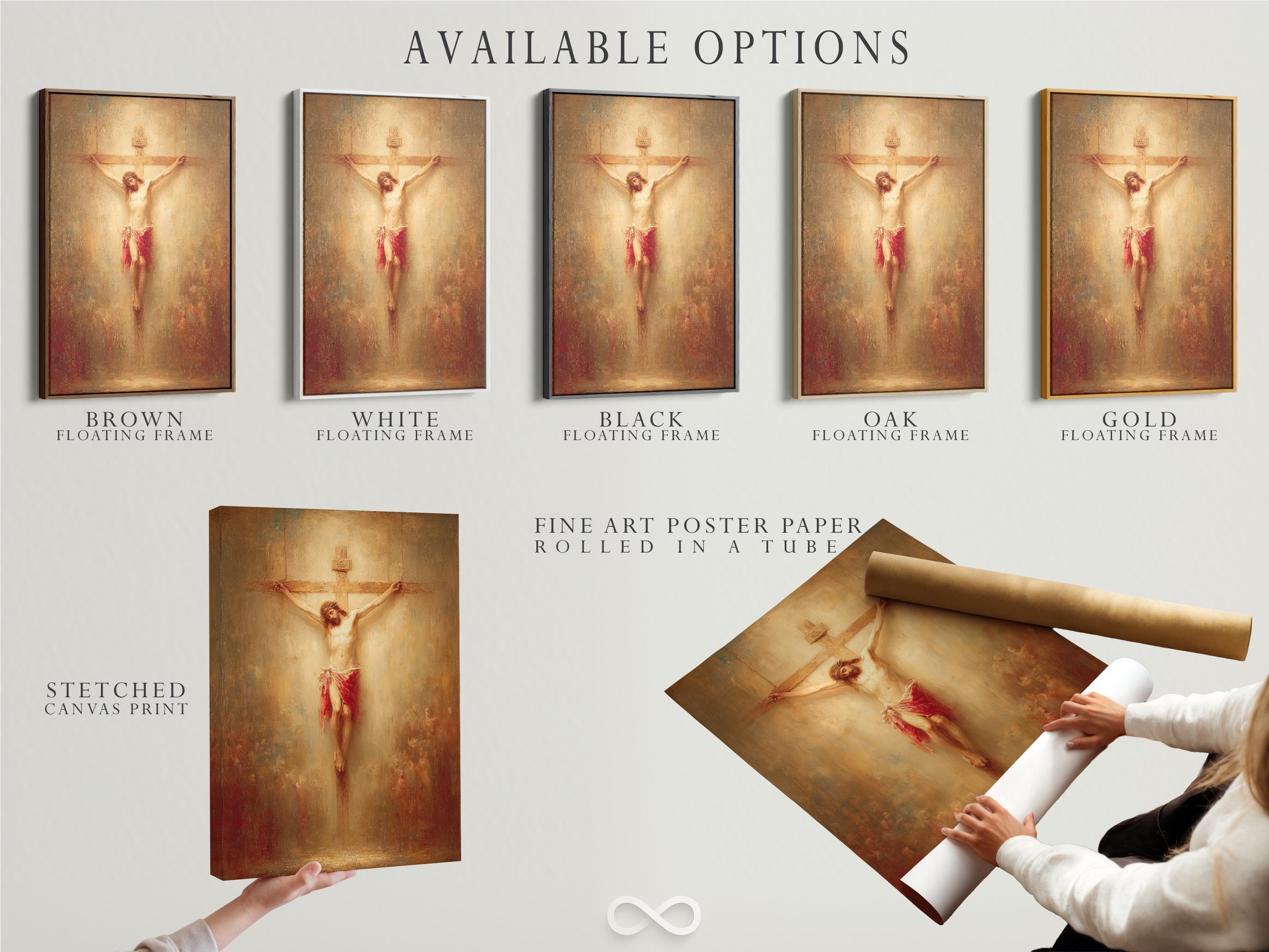 Crucifixion scene painting showing a human figure on a cross with warm beige, gold and red tones detail view