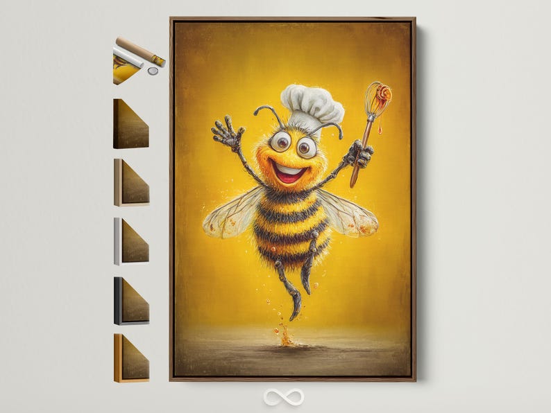 Smiling cartoon bee chef holding a whisk on a warm golden background