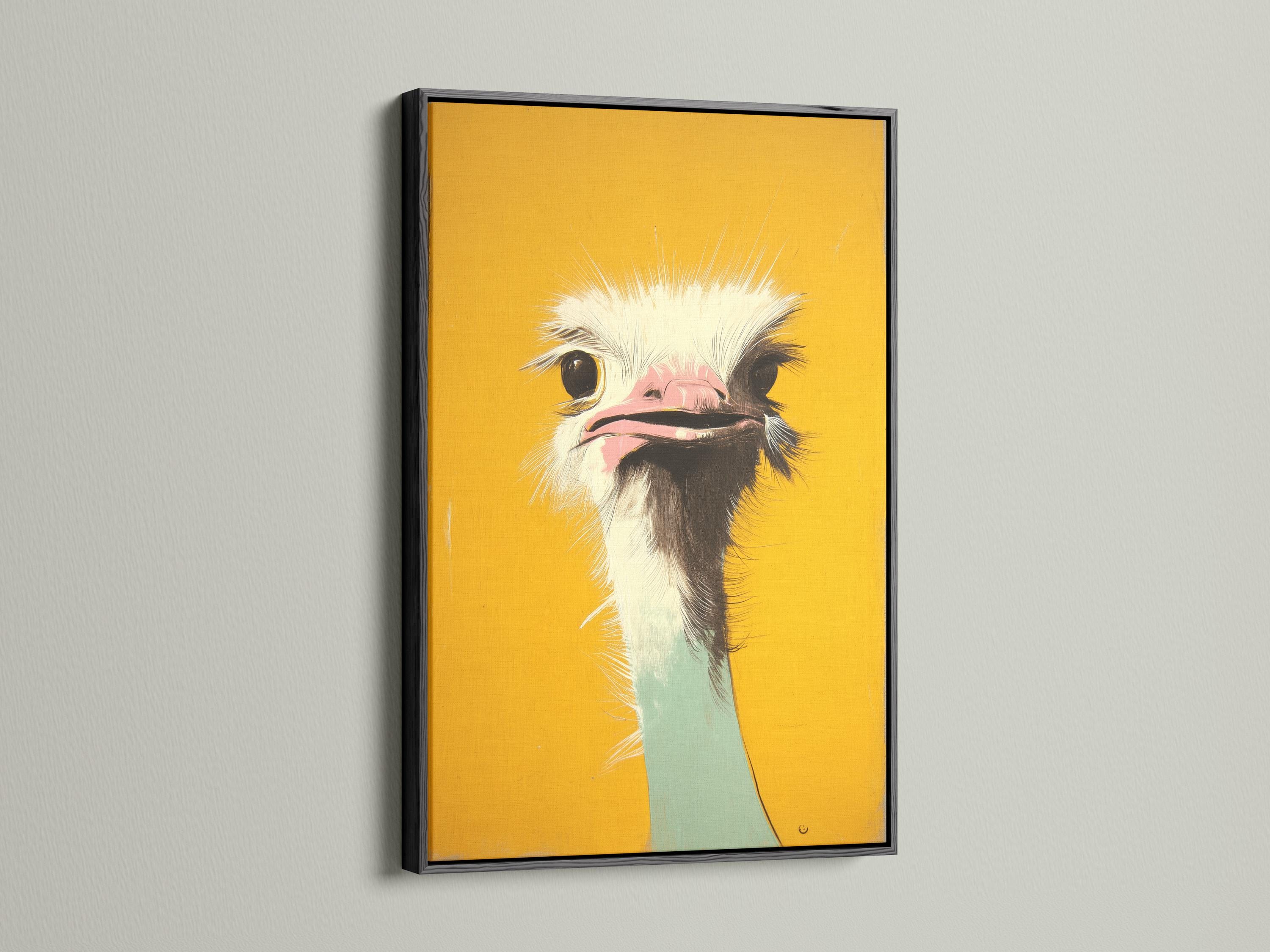 Stylised ostrich head portrait in mustard yellow with white feathers, dark eyes and a pink beak interior detail view