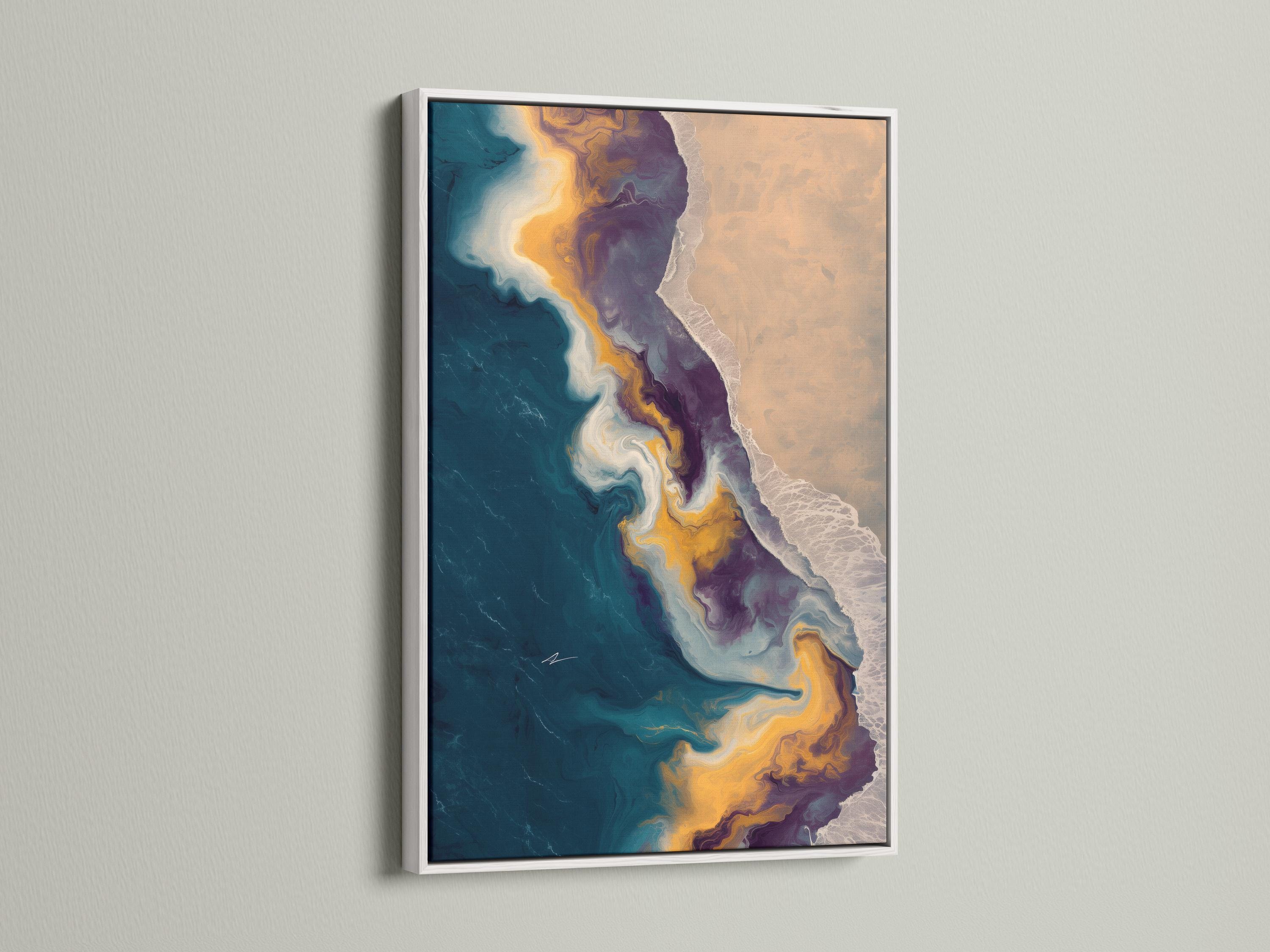 Room mockup showing an abstract seascape artwork with teal, gold and beige tones