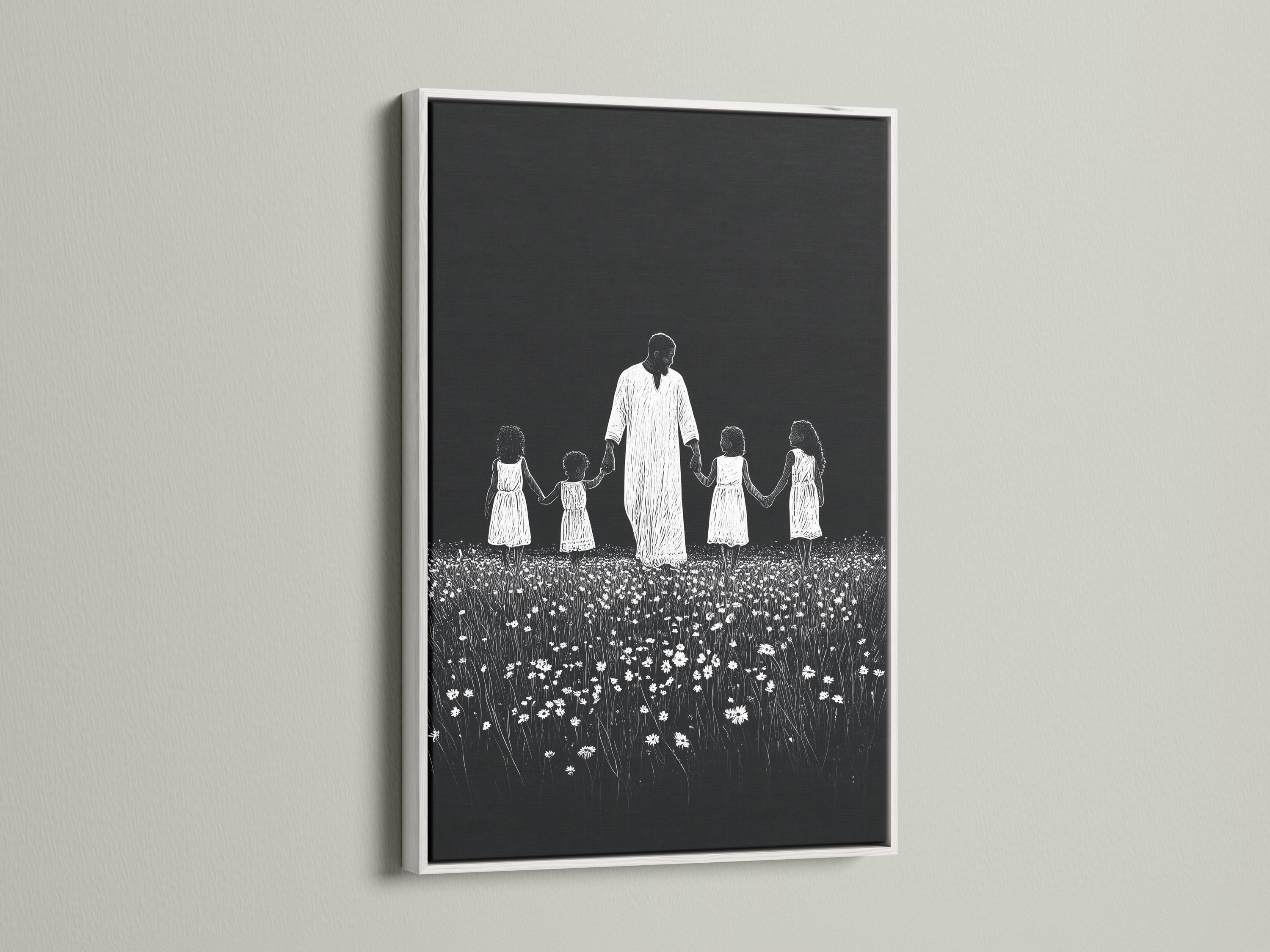 Monochrome line-art family scene of a father holding daughters’ hands in a flower field detail view