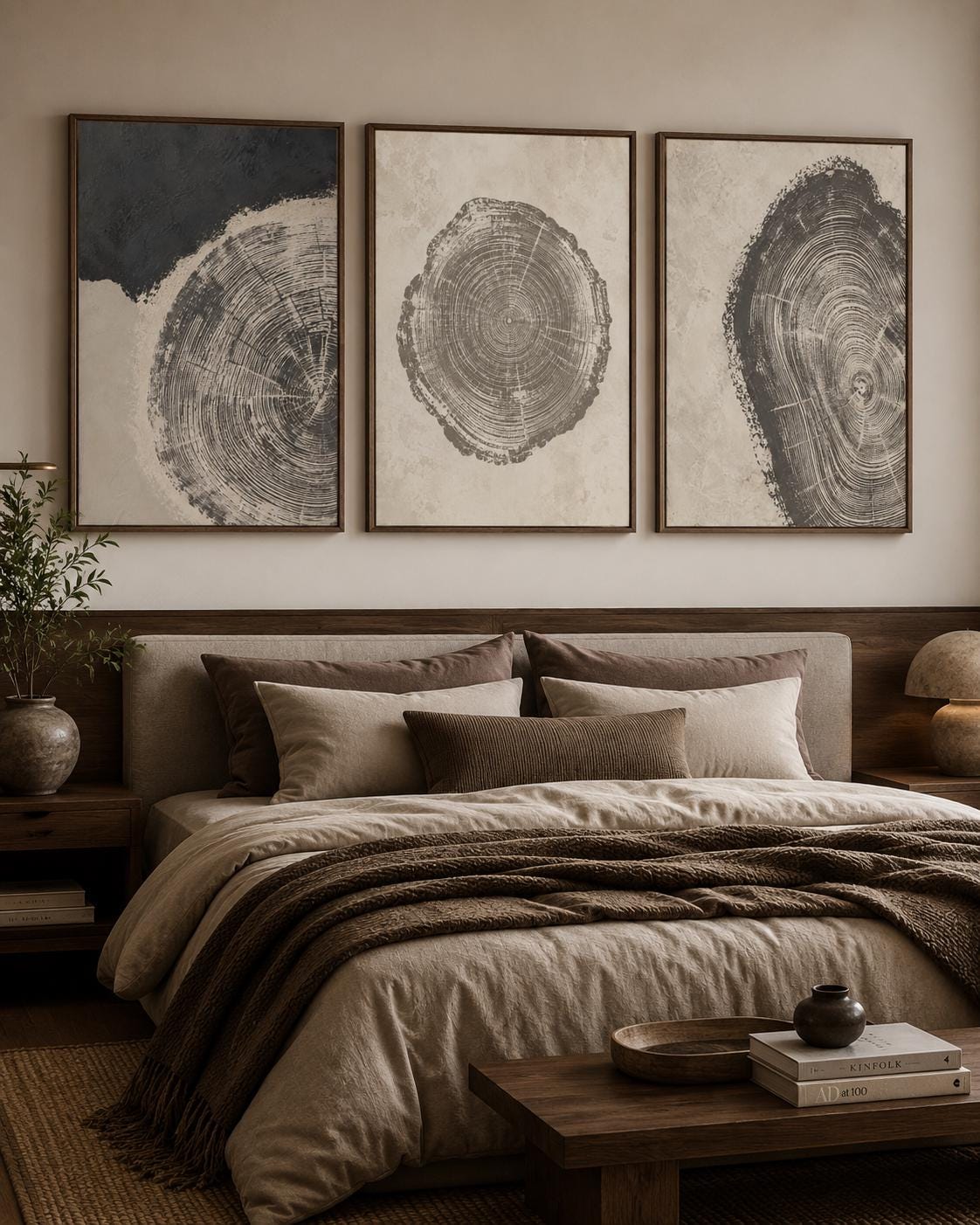 Three-panel abstract tree-ring circles in grey linework on neutral backgrounds detail view