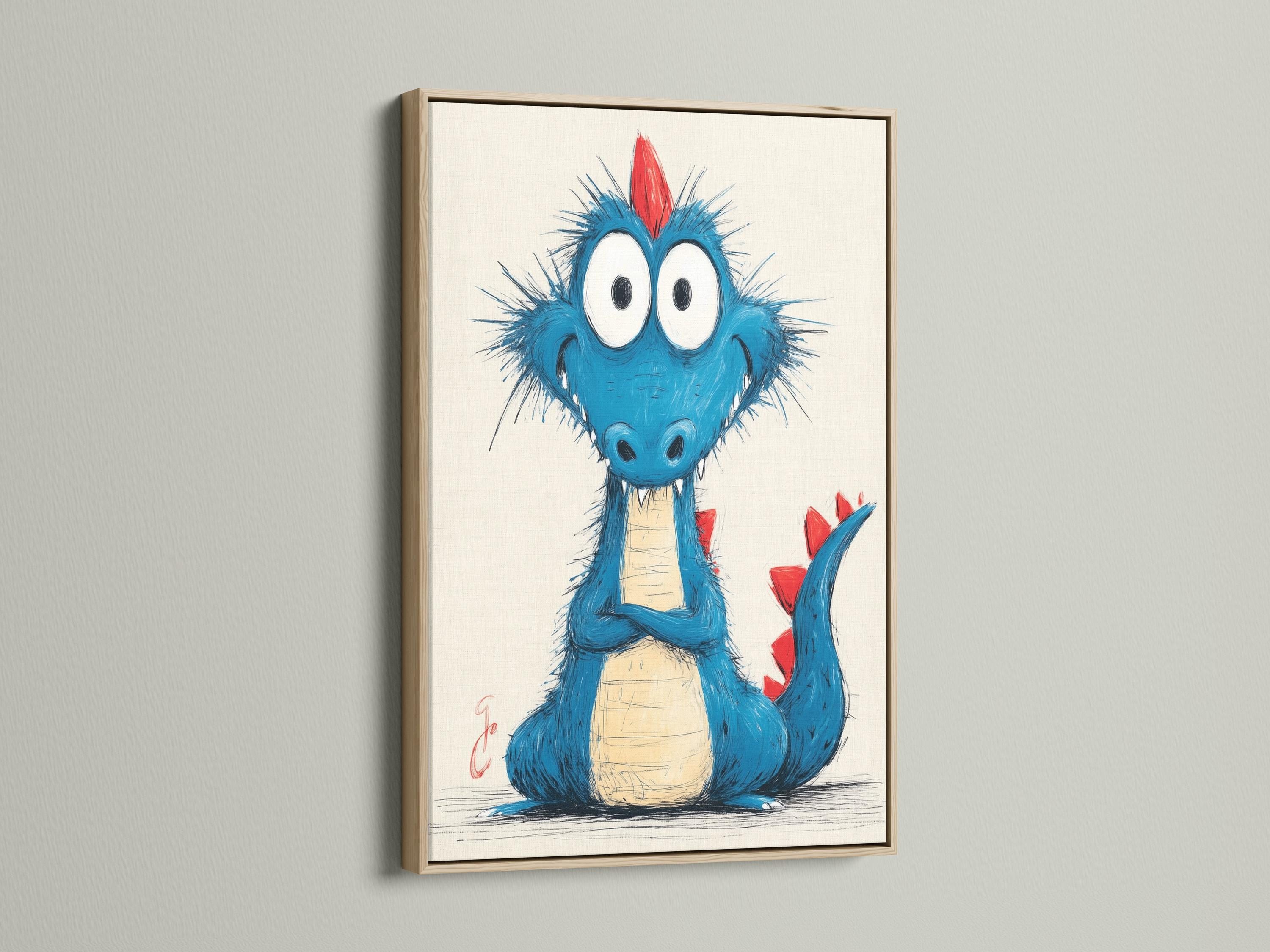 Room mockup showing a framed cartoon blue dragon artwork
