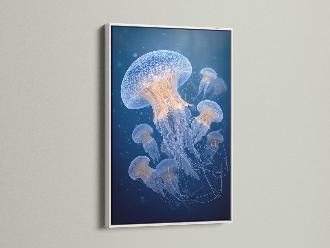 A framed artwork showing blue jellyfish on a deep navy ocean background
