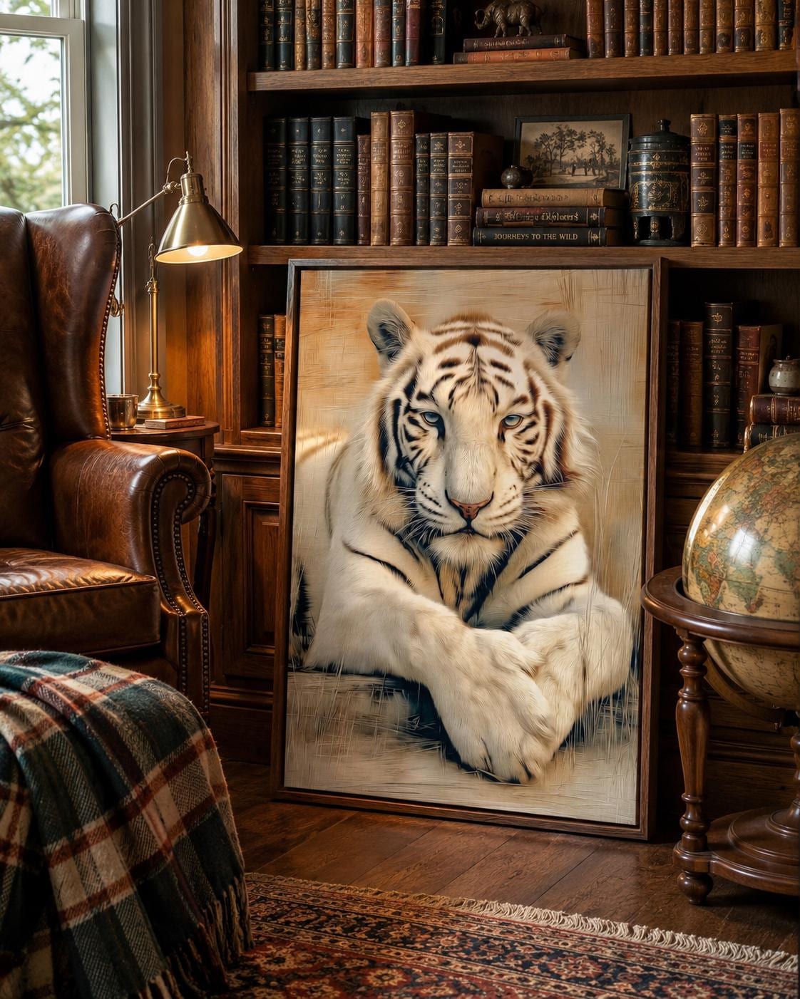 Office mockup with a tiger portrait artwork on the wall