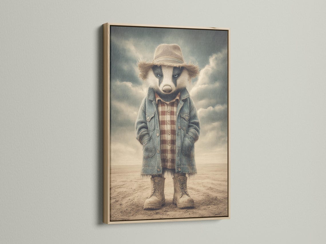 Stylised badger character wearing a straw hat and denim jacket in a sandy western scene detail view