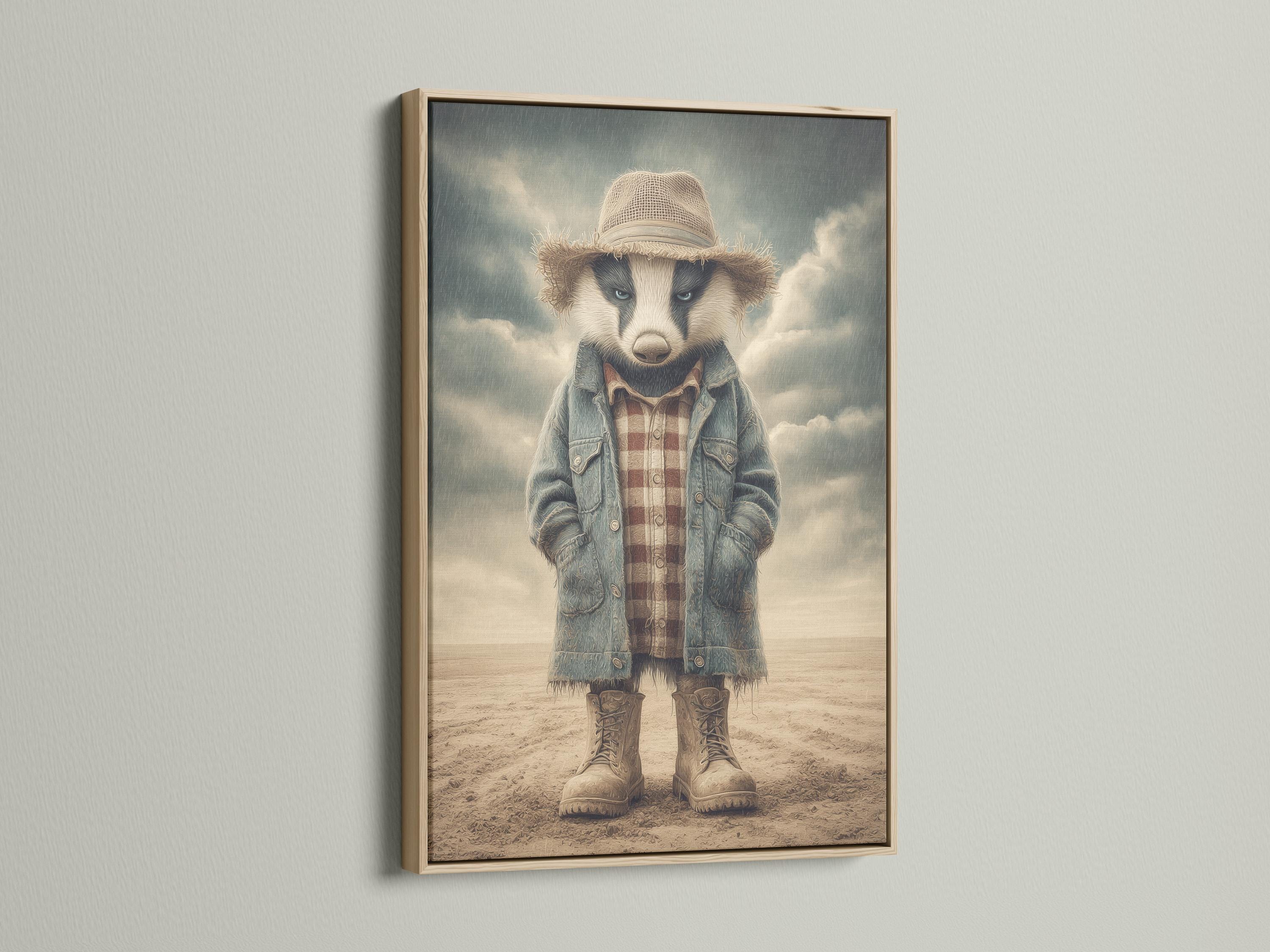 Stylised badger character wearing a straw hat and denim jacket in a sandy western scene detail view