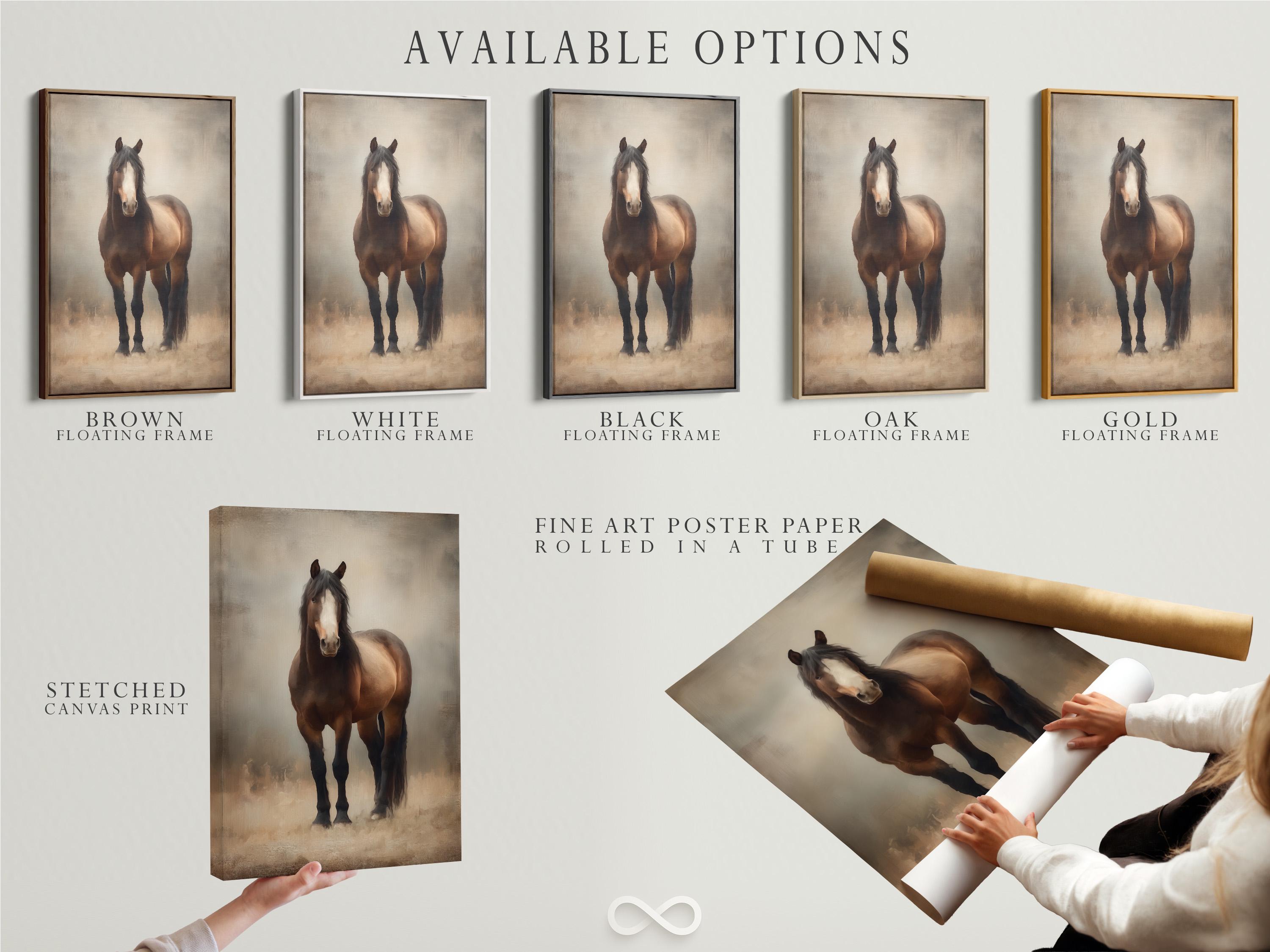 Room mockup showing a framed brown horse portrait artwork on a beige wall