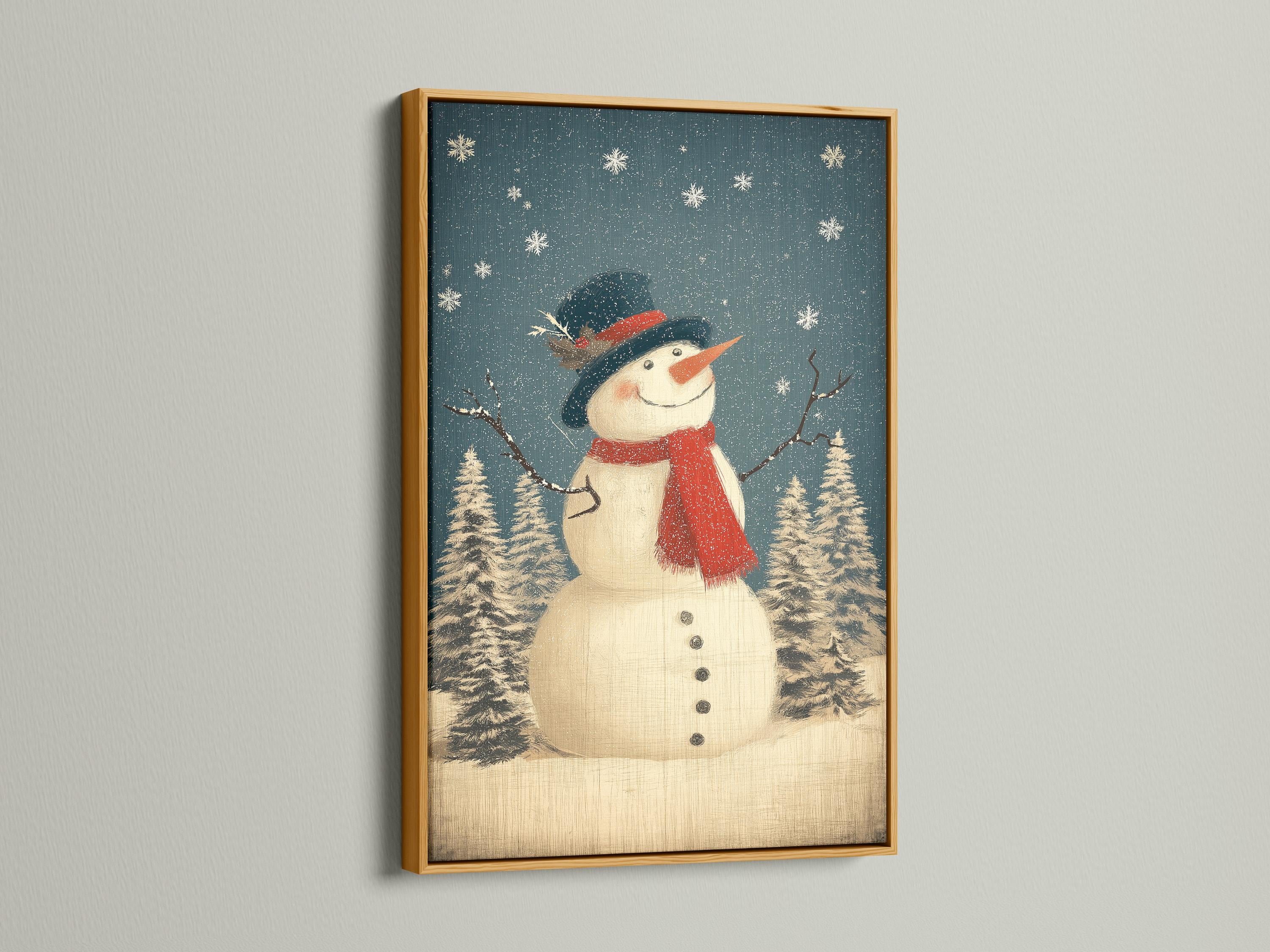 Smiling snowman with red scarf and dark hat in a snowy pine forest with falling snow detail view
