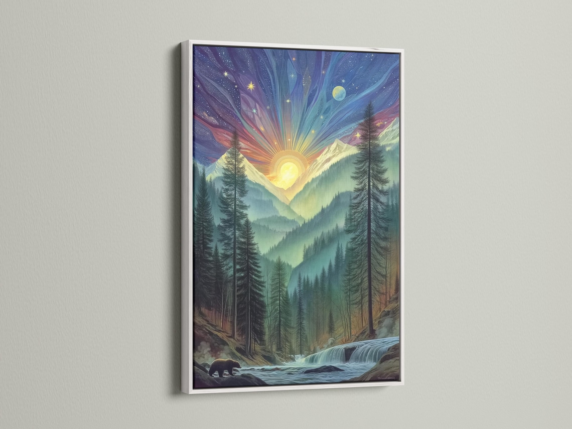 Framed mystical forest sunrise artwork mockup