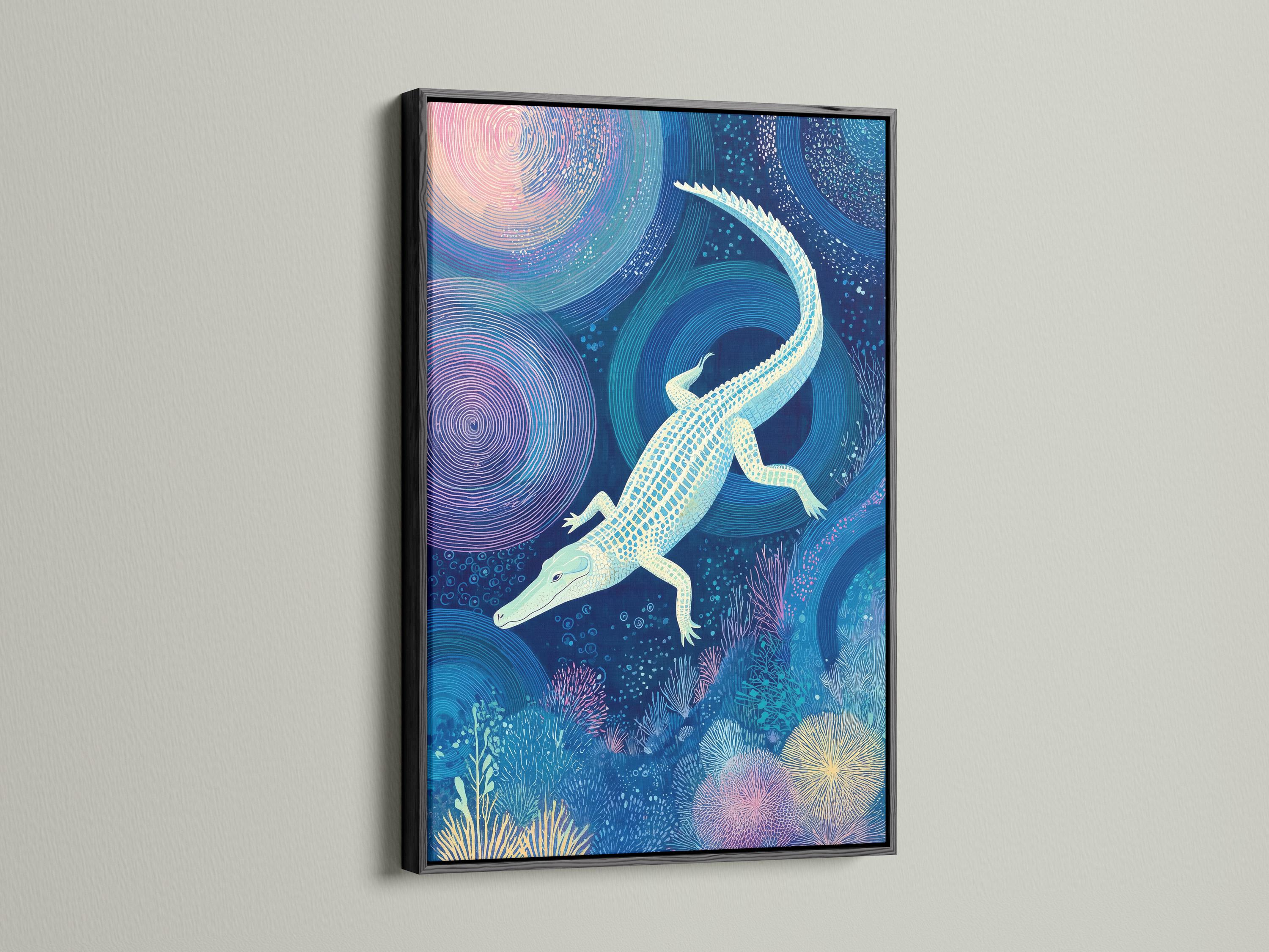 Alligator-themed underwater artwork in a brown frame shown on a wall with small packaging images around it