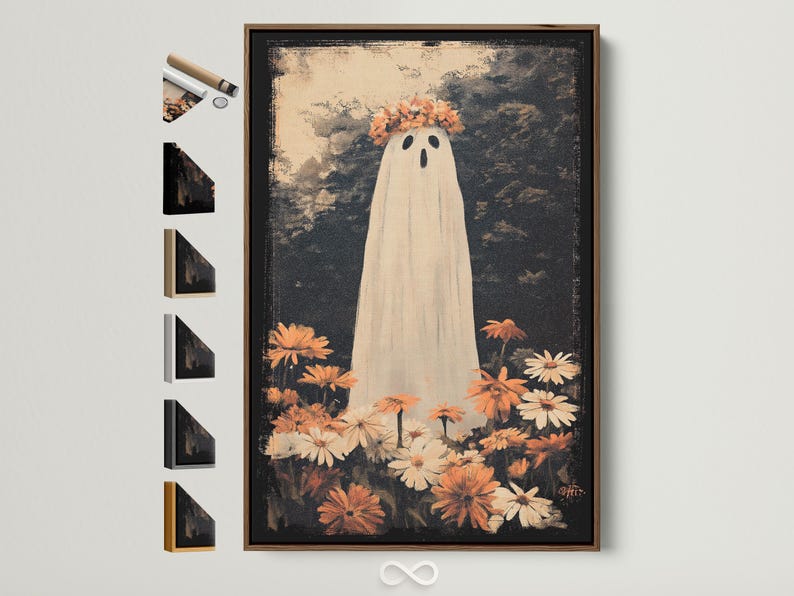 A tall white ghost with oval eyes and an orange flower crown surrounded by autumn flowers on a dark speckled background