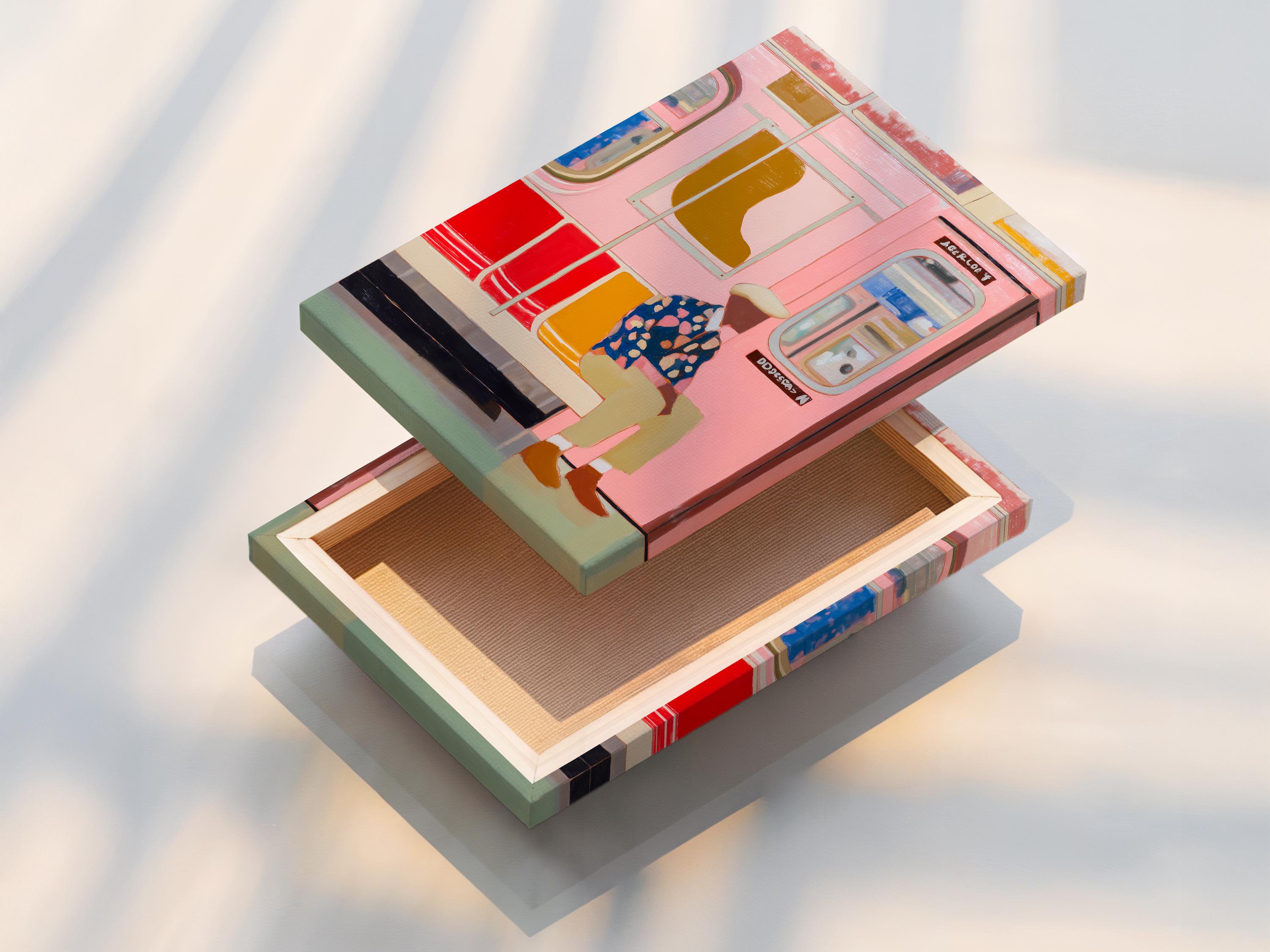 Room mockup showing framed urban subway artwork and colour swatch thumbnails