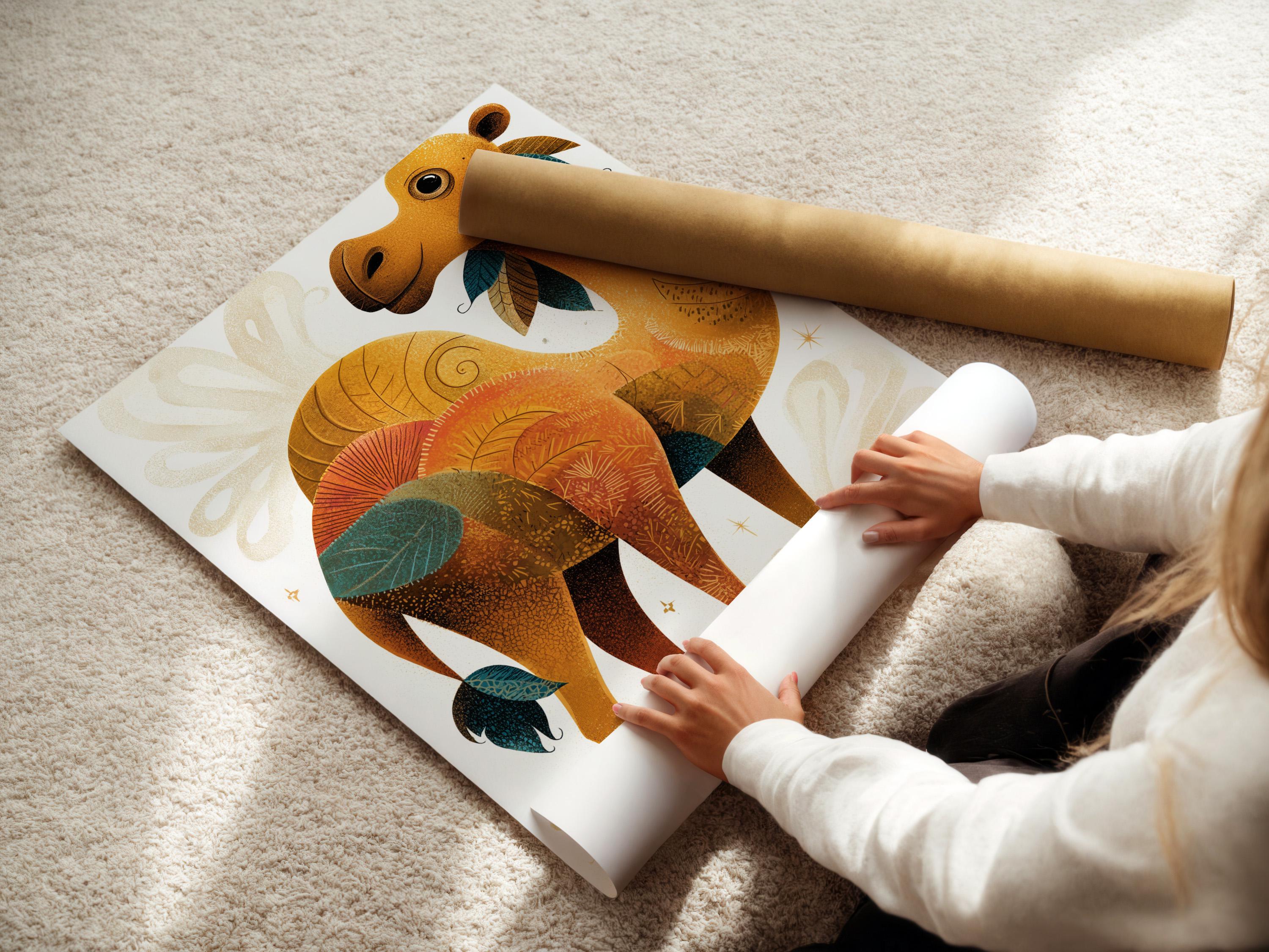 Illustrated camel with warm ochre body, teal leaf details and gold star flecks on an off-white background detail view