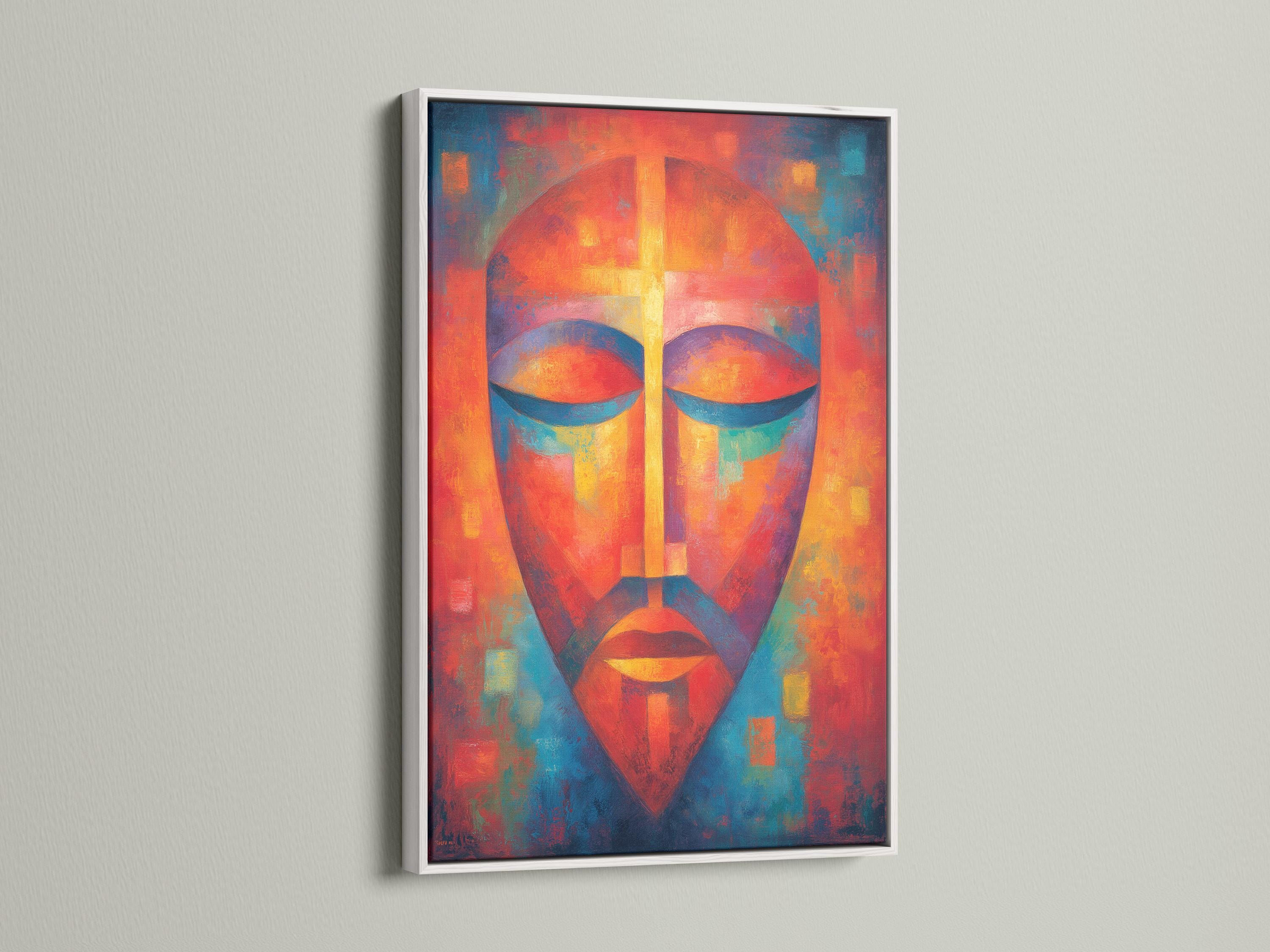 Abstract face portrait with vivid orange, teal and blue geometric shapes and a central vertical highlight detail view