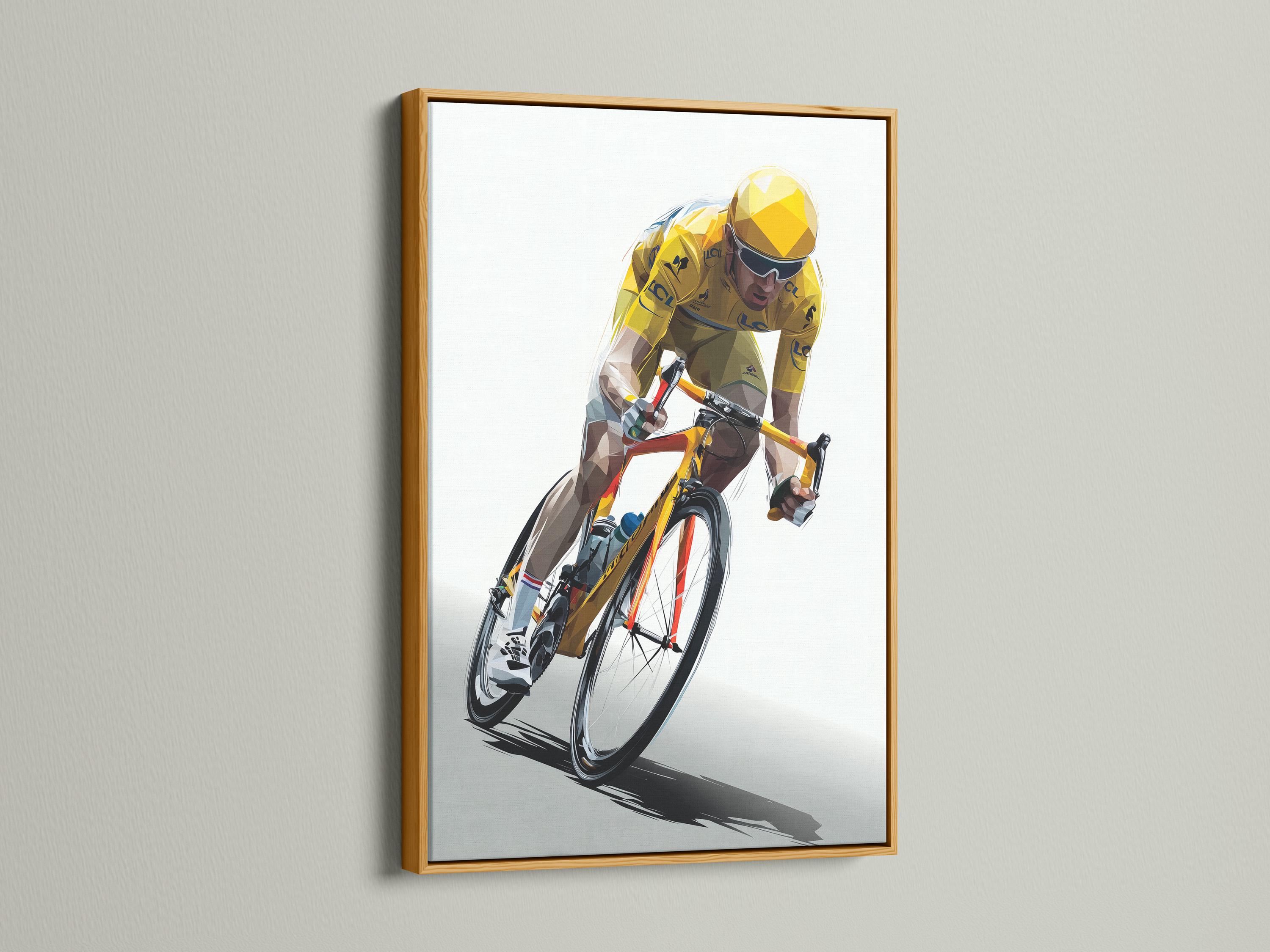 Wall mockup with a framed geometric cyclist artwork in yellow and black