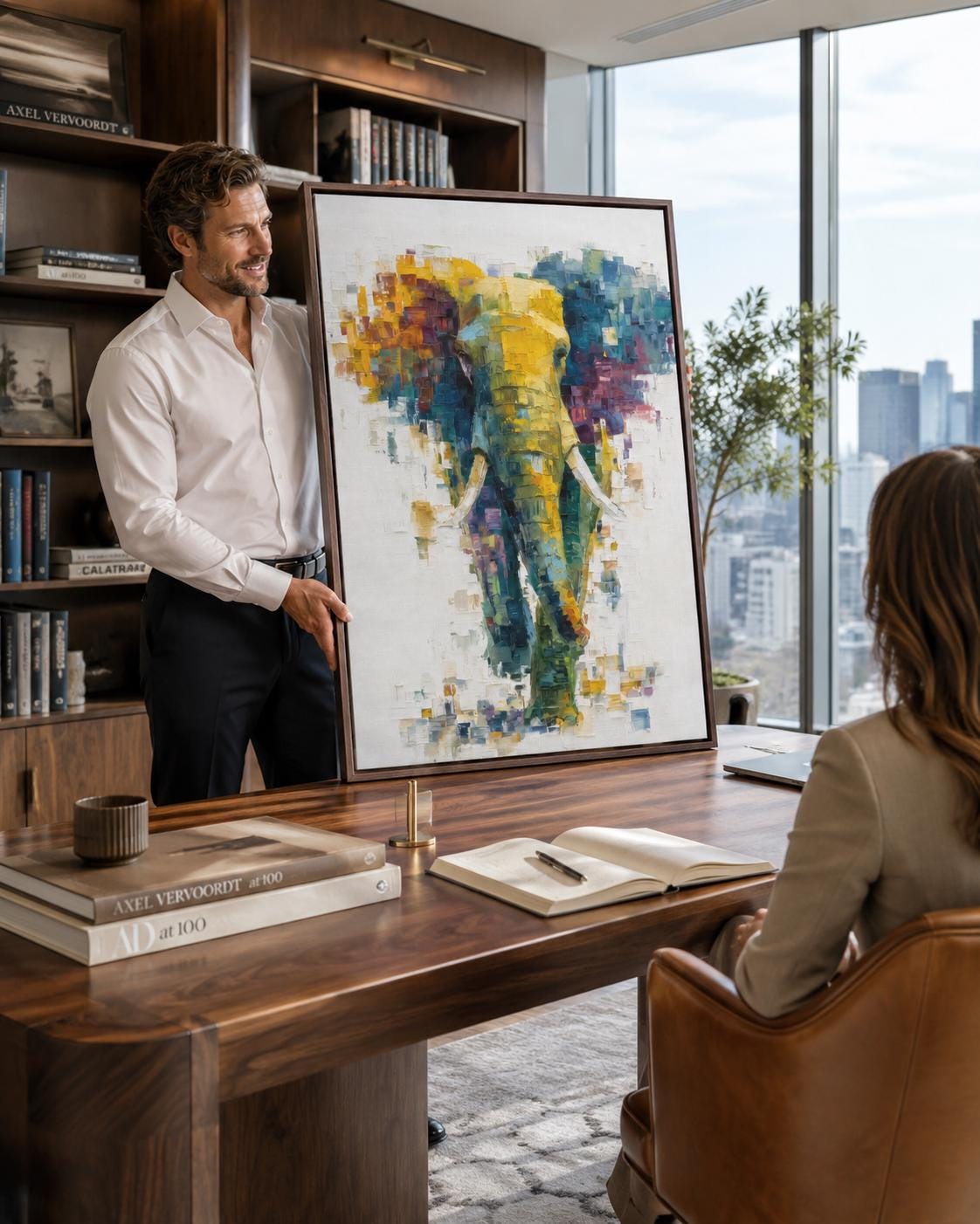 Abstract elephant artwork with layered teal, yellow and magenta colour blocks on an off-white background detail view