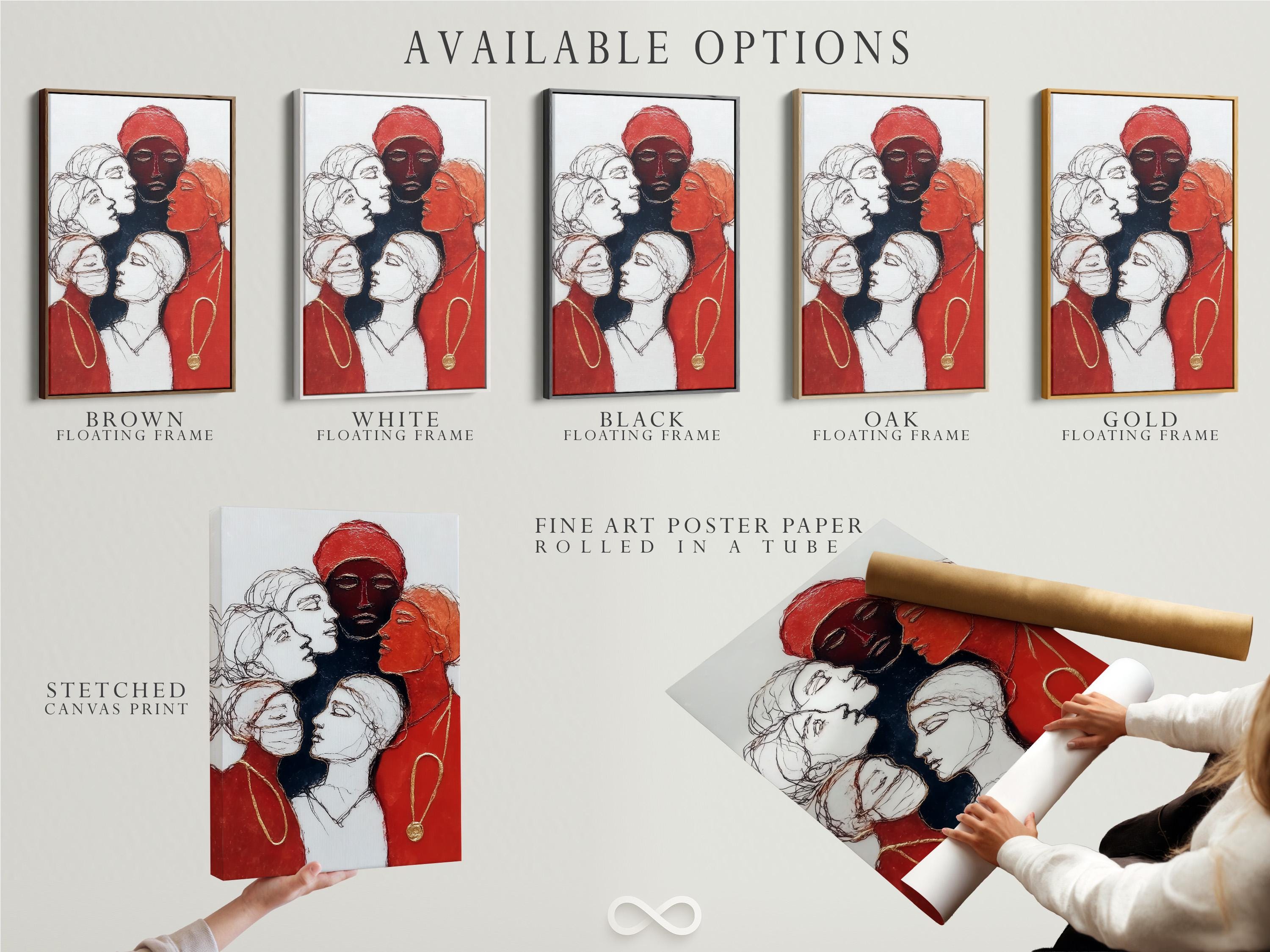 Red and gold women portrait illustration with overlapping faces and headscarves detail view