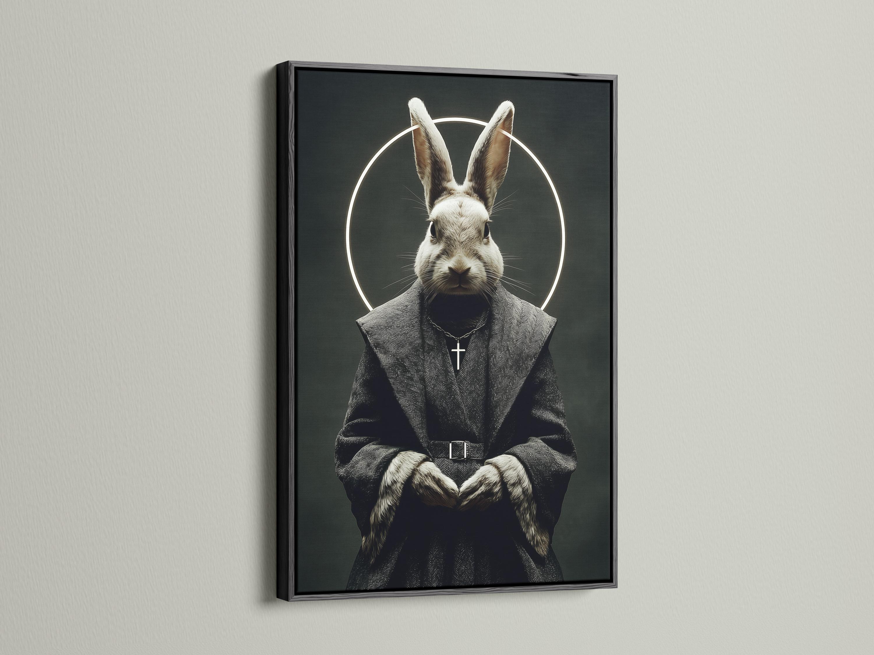 Monochrome rabbit monk portrait with a glowing halo, hooded robe, and a small cross pendant detail view