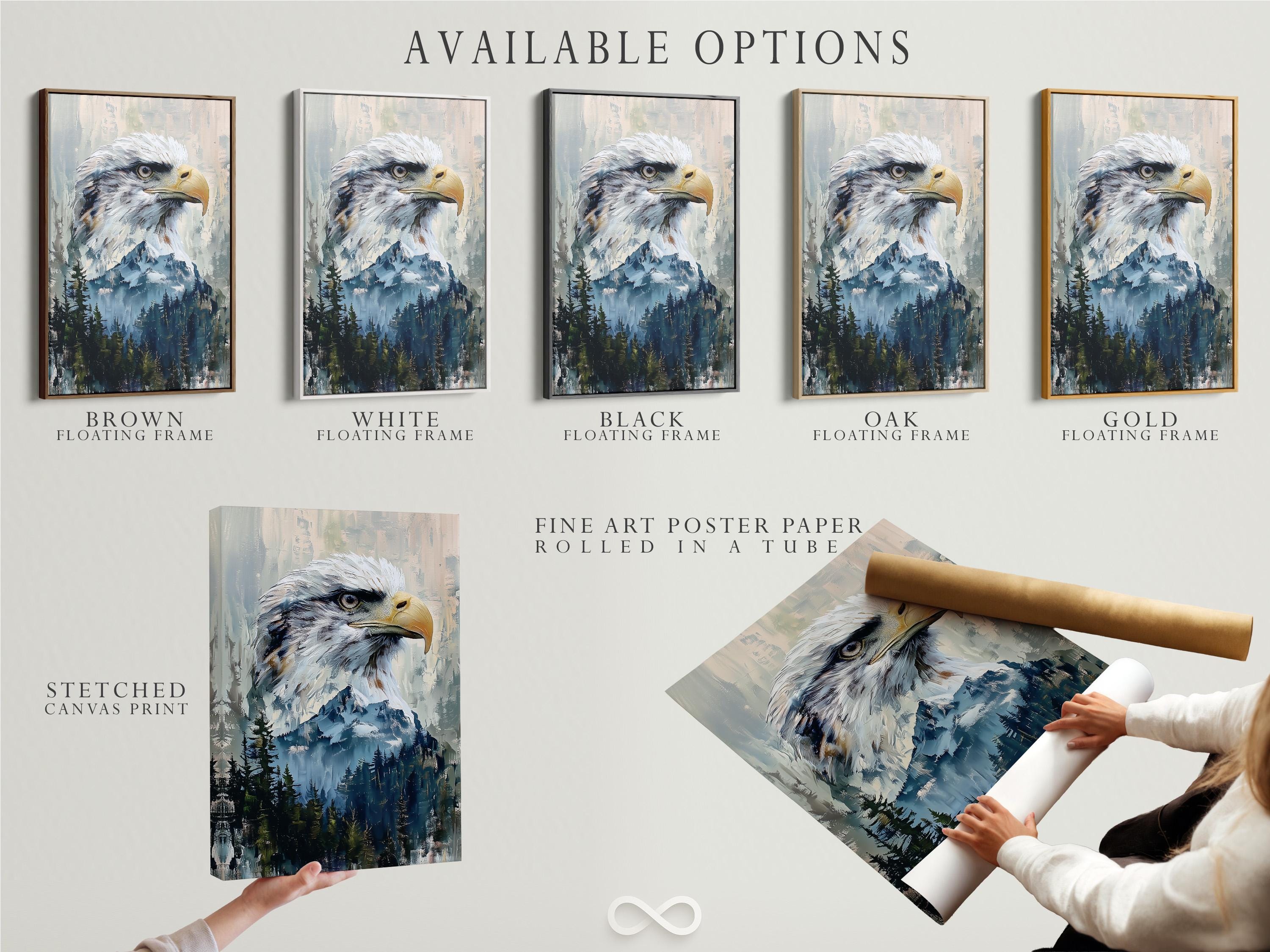 A framed eagle artwork on a wall with several framed mockups beside it