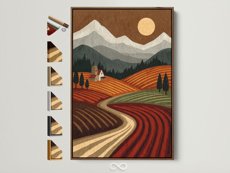 Stylised countryside landscape with terraced fields, farmhouse, trees, mountains and a warm sun