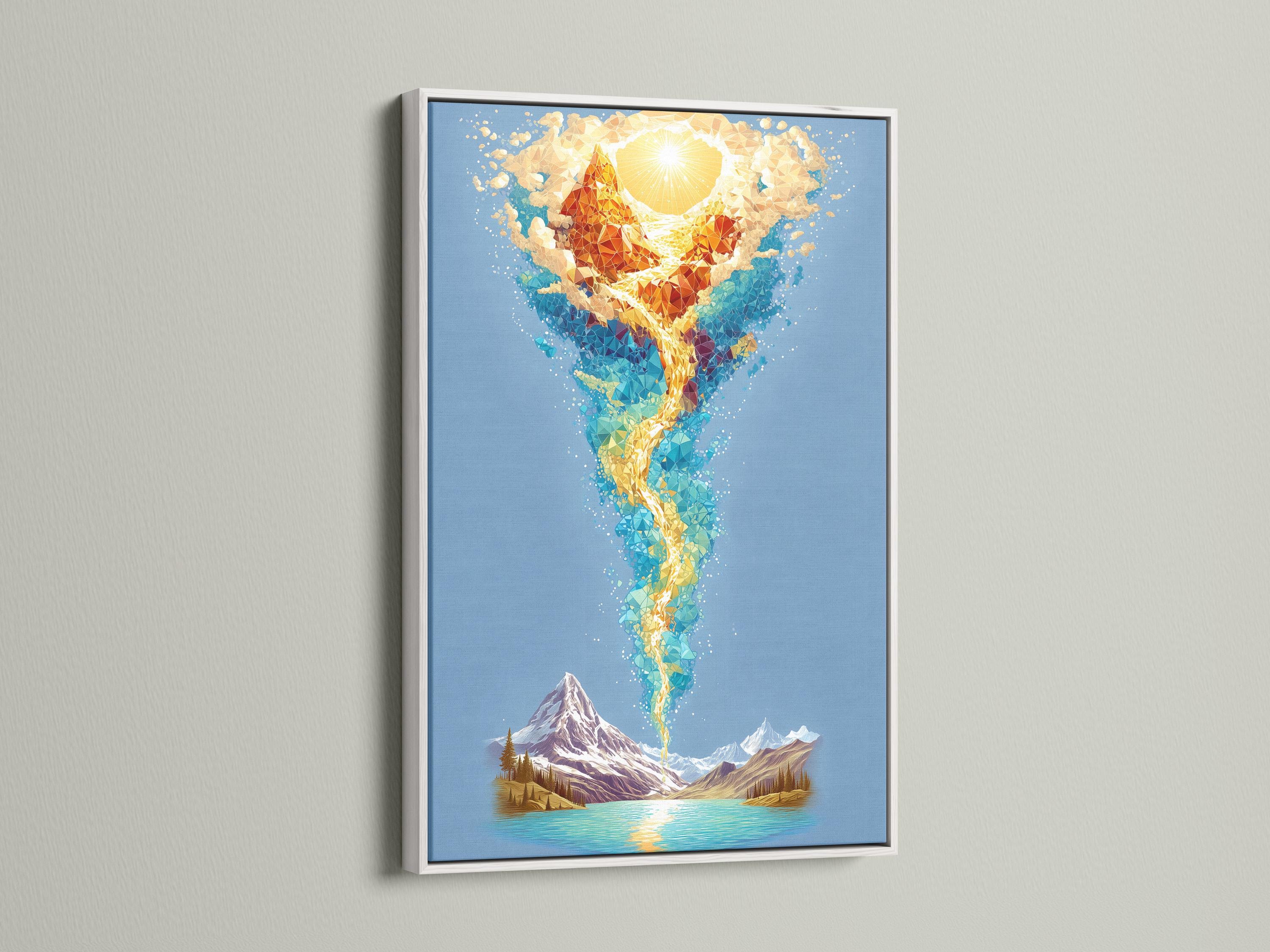 Blue mountain lake artwork with a glowing golden faceted human-like figure rising above it detail view
