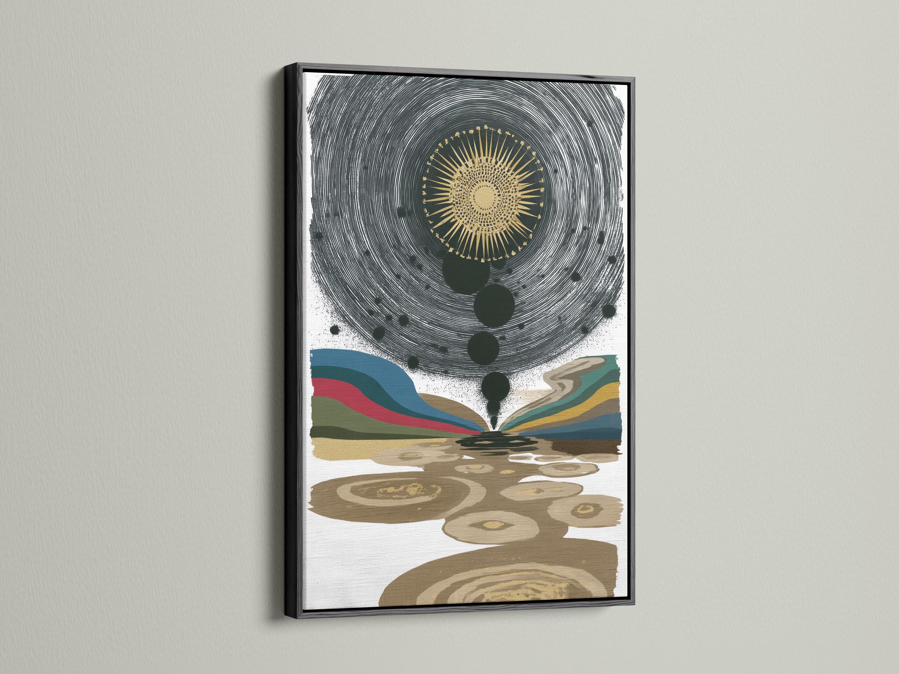 Abstract celestial eye with gold sunburst, concentric black lines and multicoloured wave bands detail view