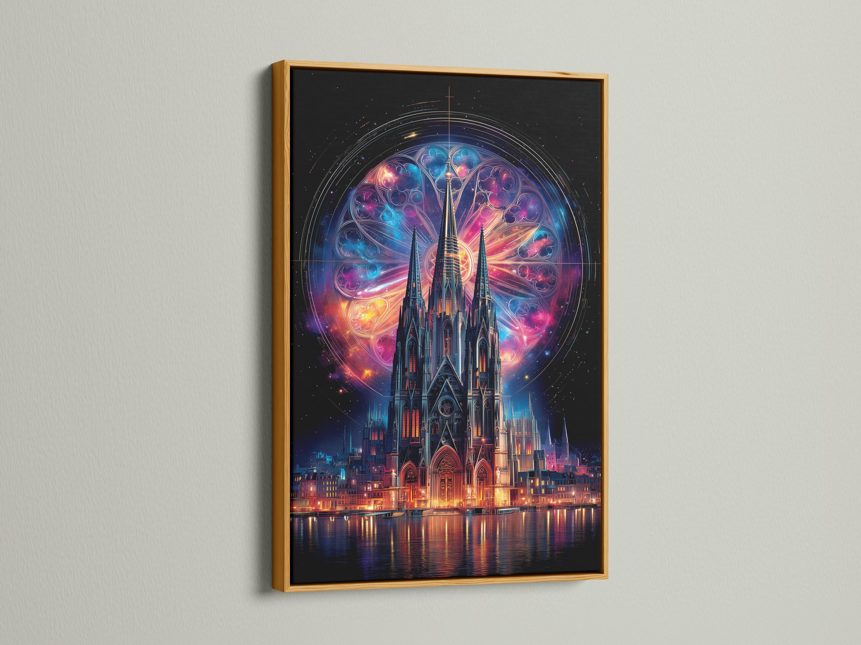 A glowing cosmic halo and gothic cathedral with neon-coloured windows over dark water detail view